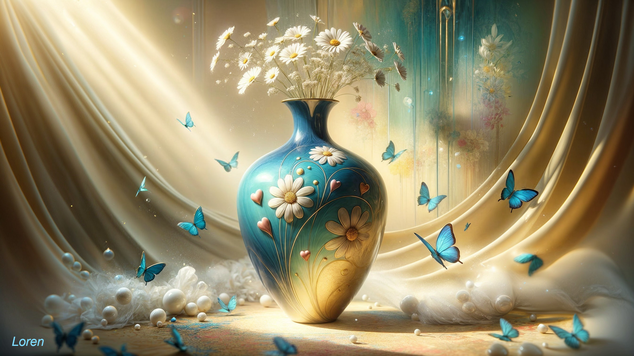 Blue and Gold Vase with White Daisies and Butterflies