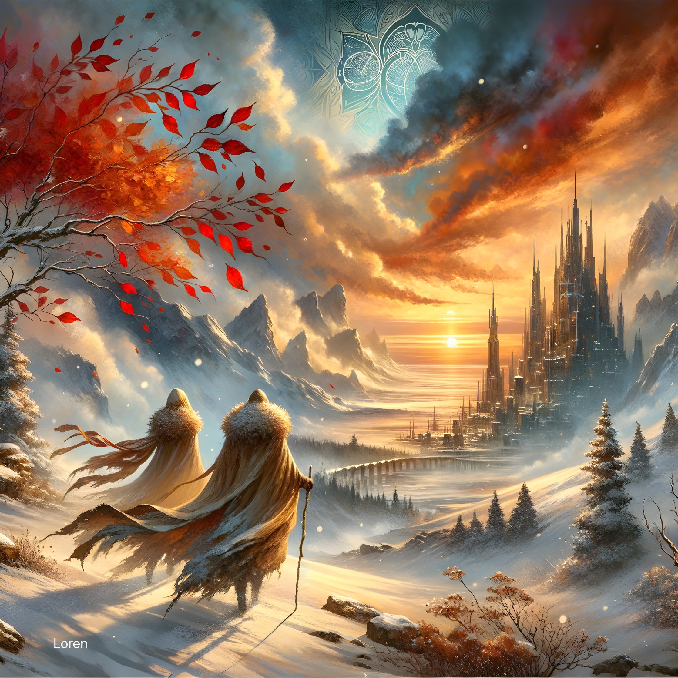 Cloaked Figures Walking Toward Sunset Castle Landscape