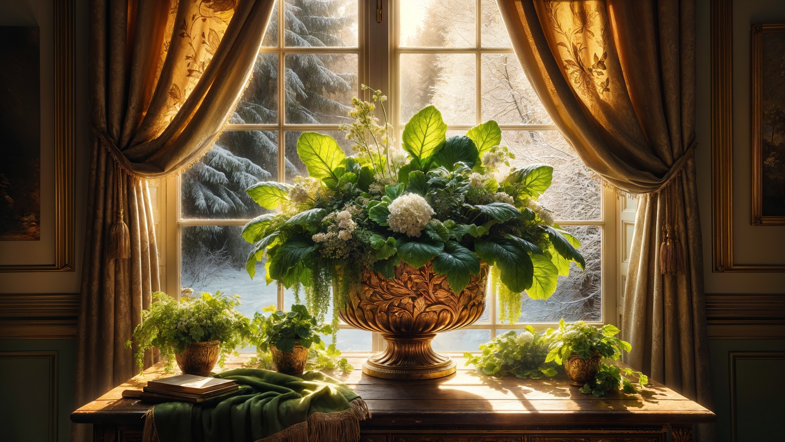 Luxurious Window Scene with Floral Arrangement and Snow