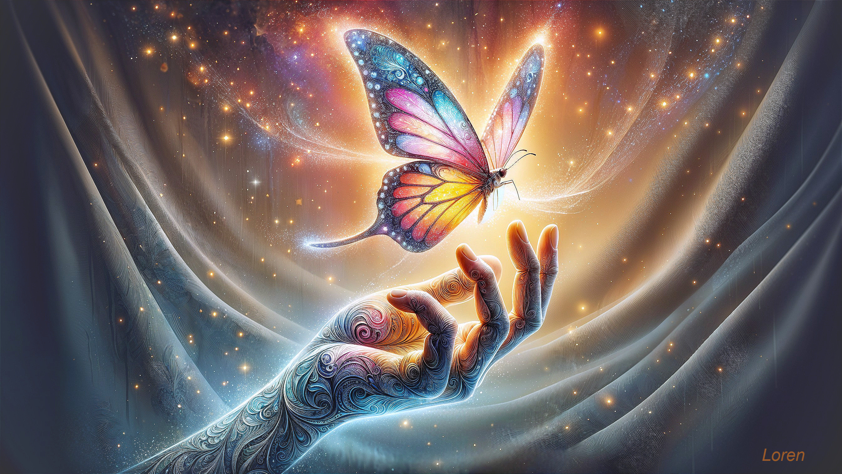 Luminous Hand Reaching for a Colorful Butterfly