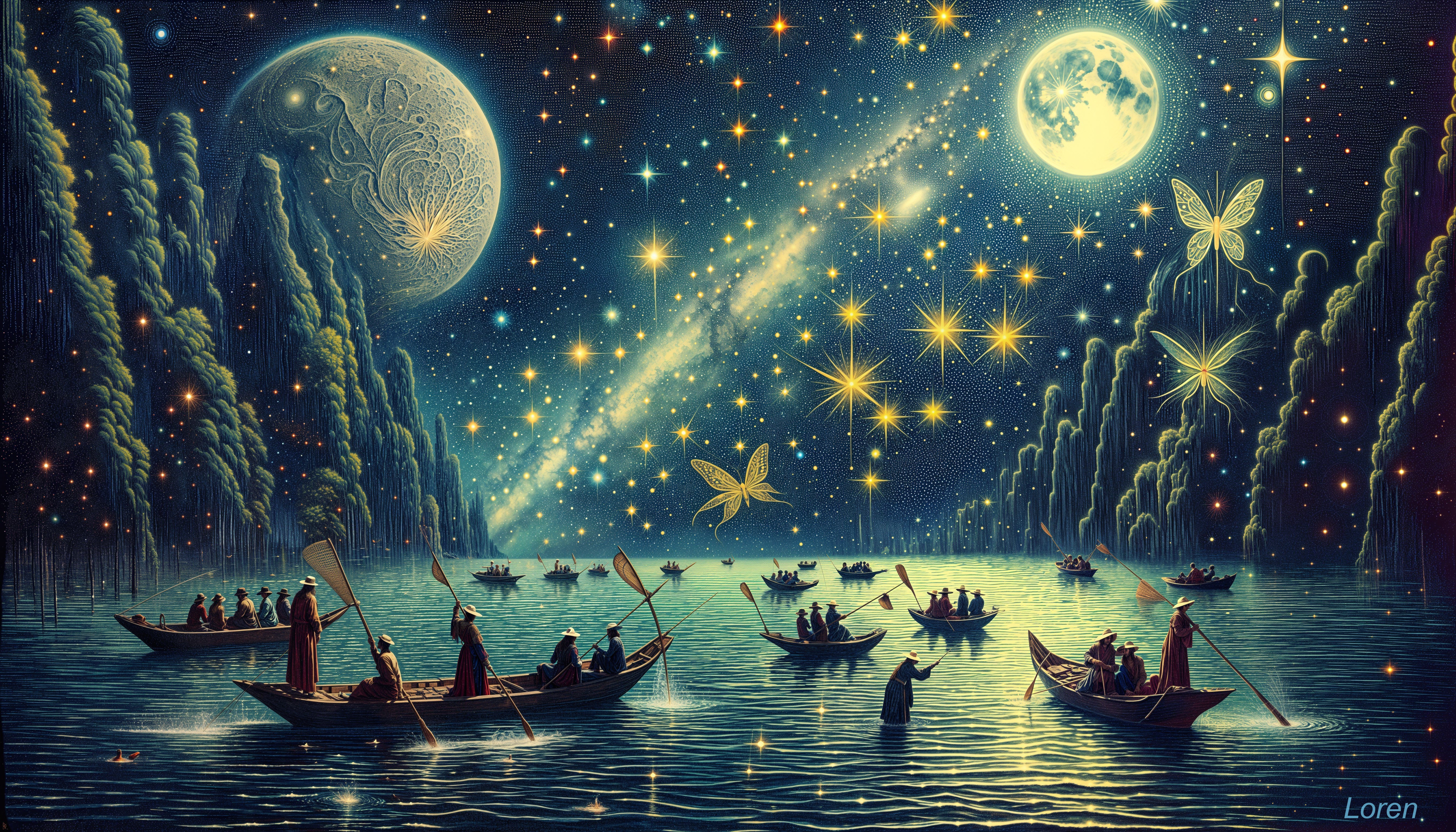 Night Scene with Boats on a Starry Lake