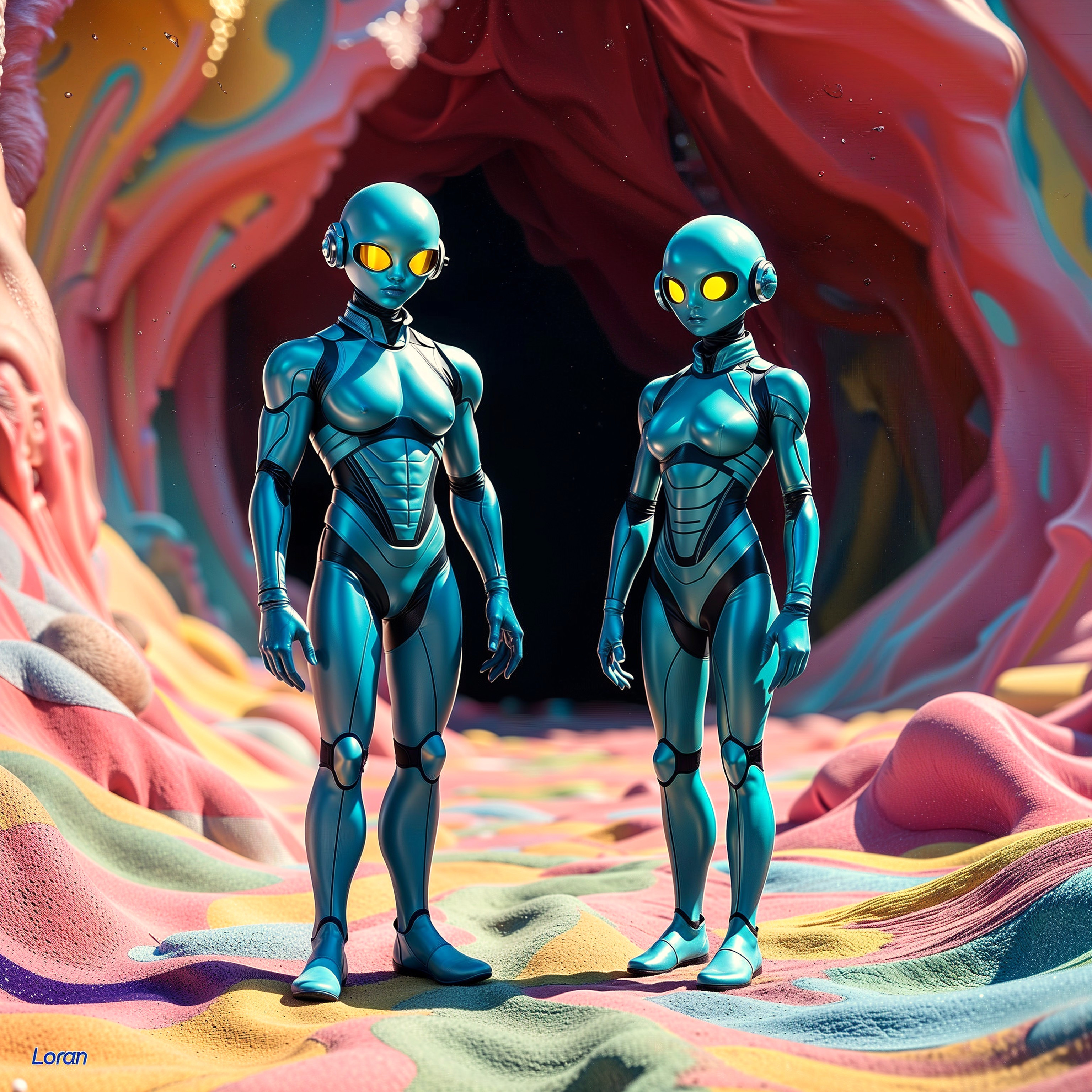 Futuristic humanoid robots in a surreal landscape