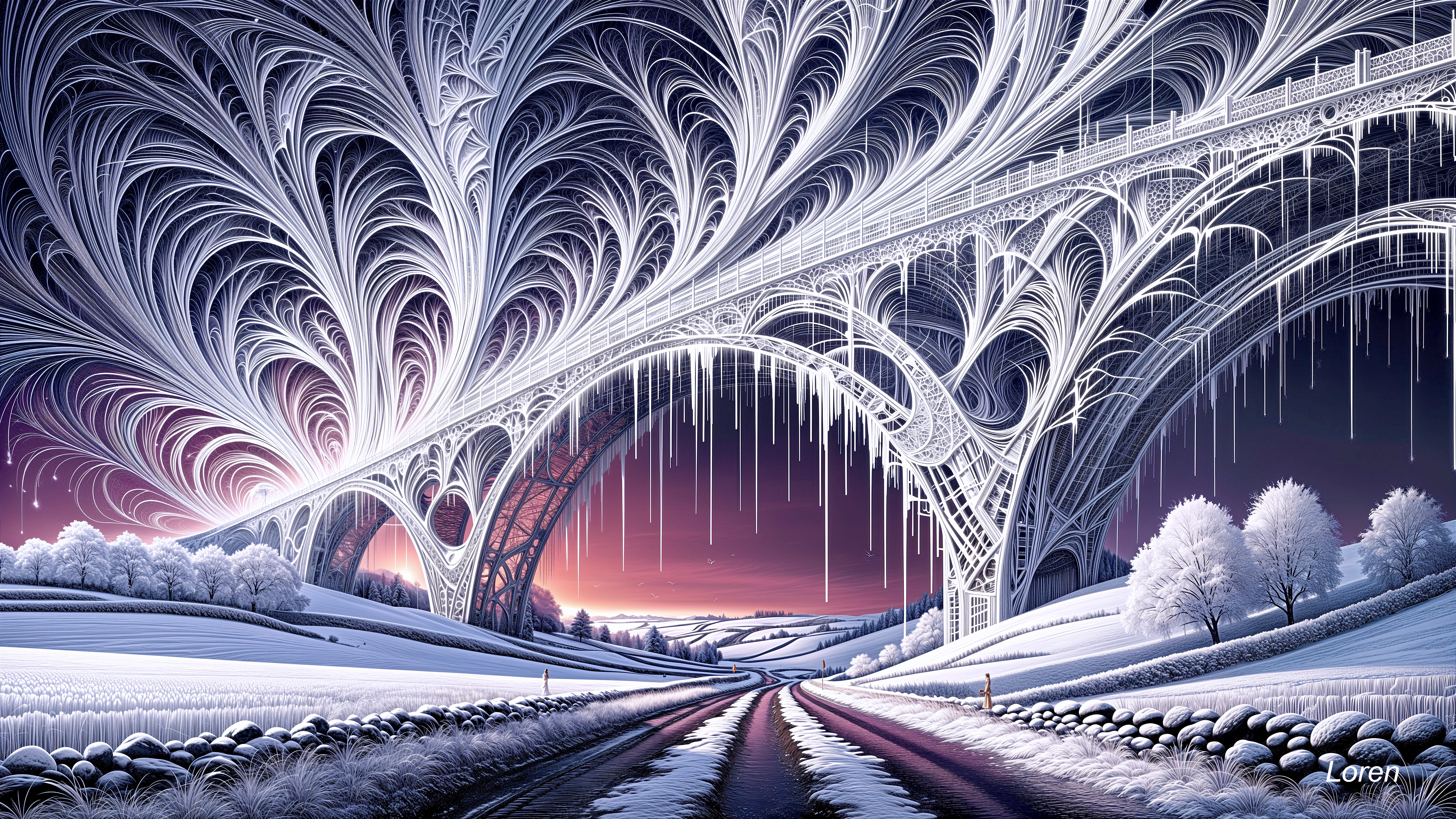 Ethereal Winter Landscape with Frosty Bridge and Pathway