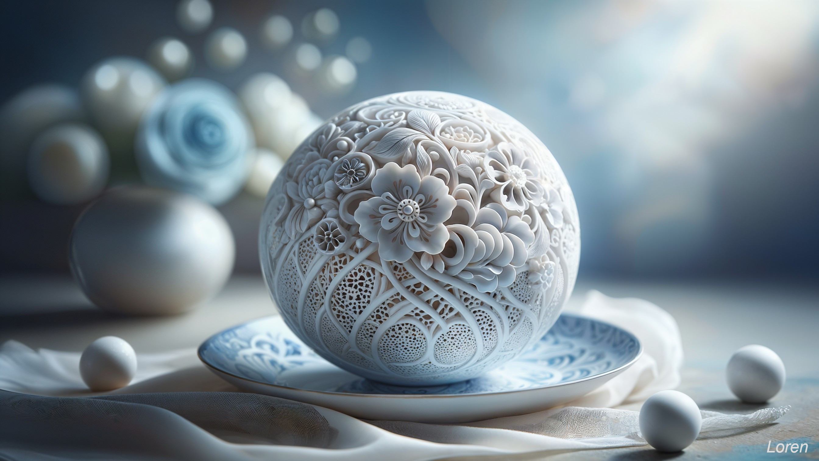 Intricate White Decorative Sphere on Blue Plate