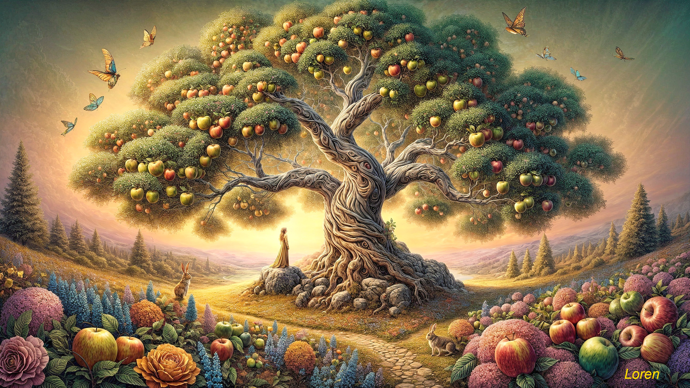 Majestic tree with vibrant apples in a serene landscape