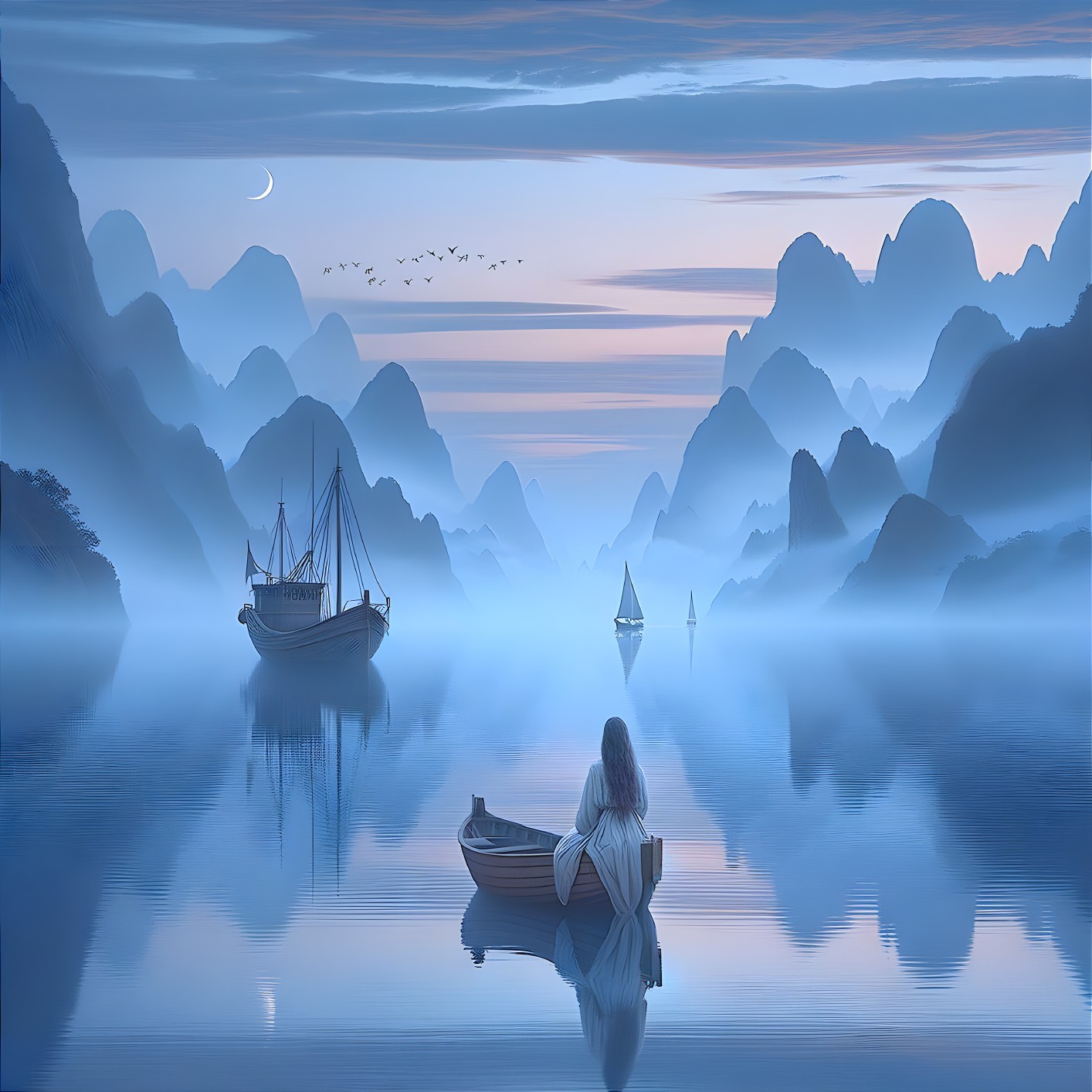 Lone Figure in Boat on Misty Lake with Mountains