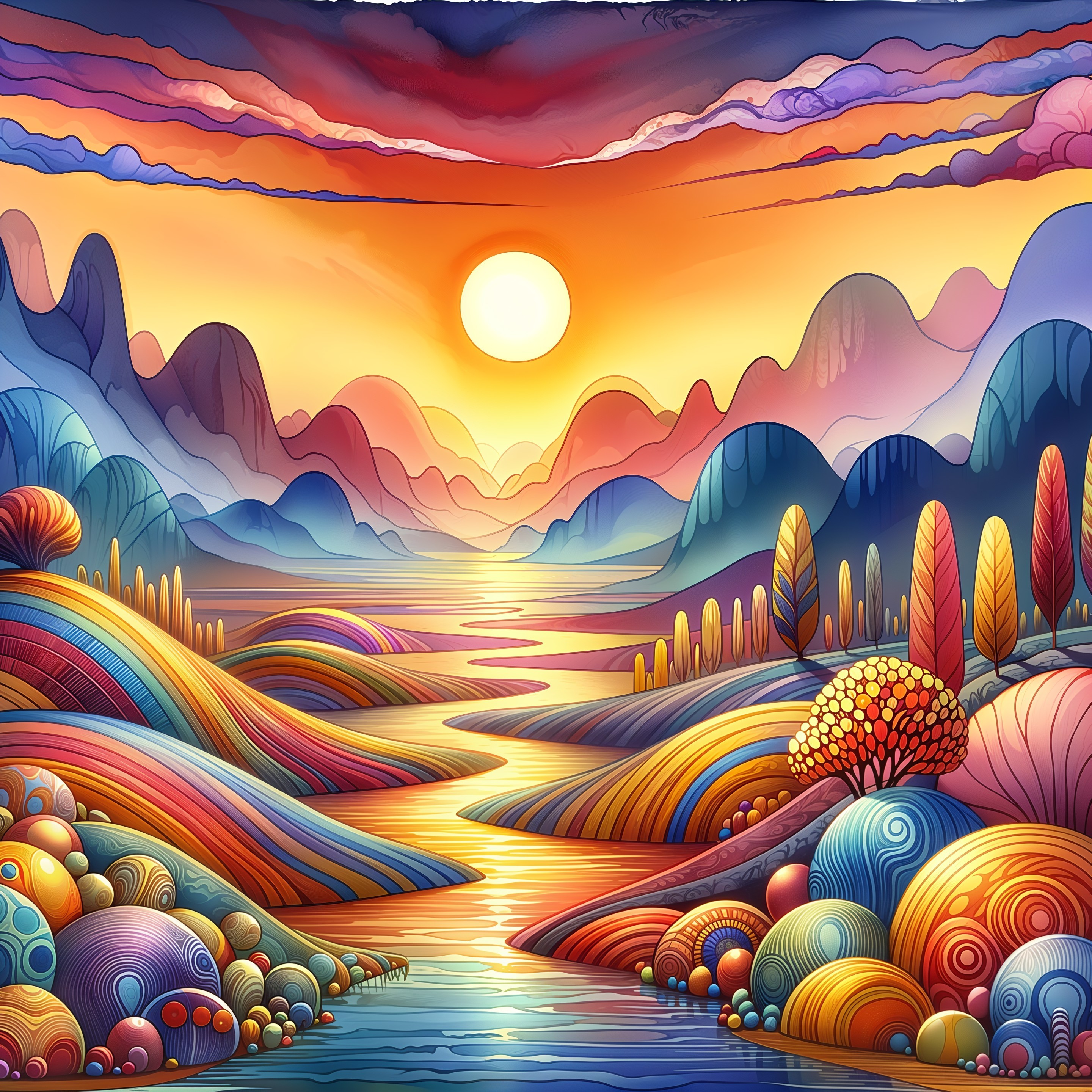 Vibrant Pastoral Landscape Illustration at Sunset