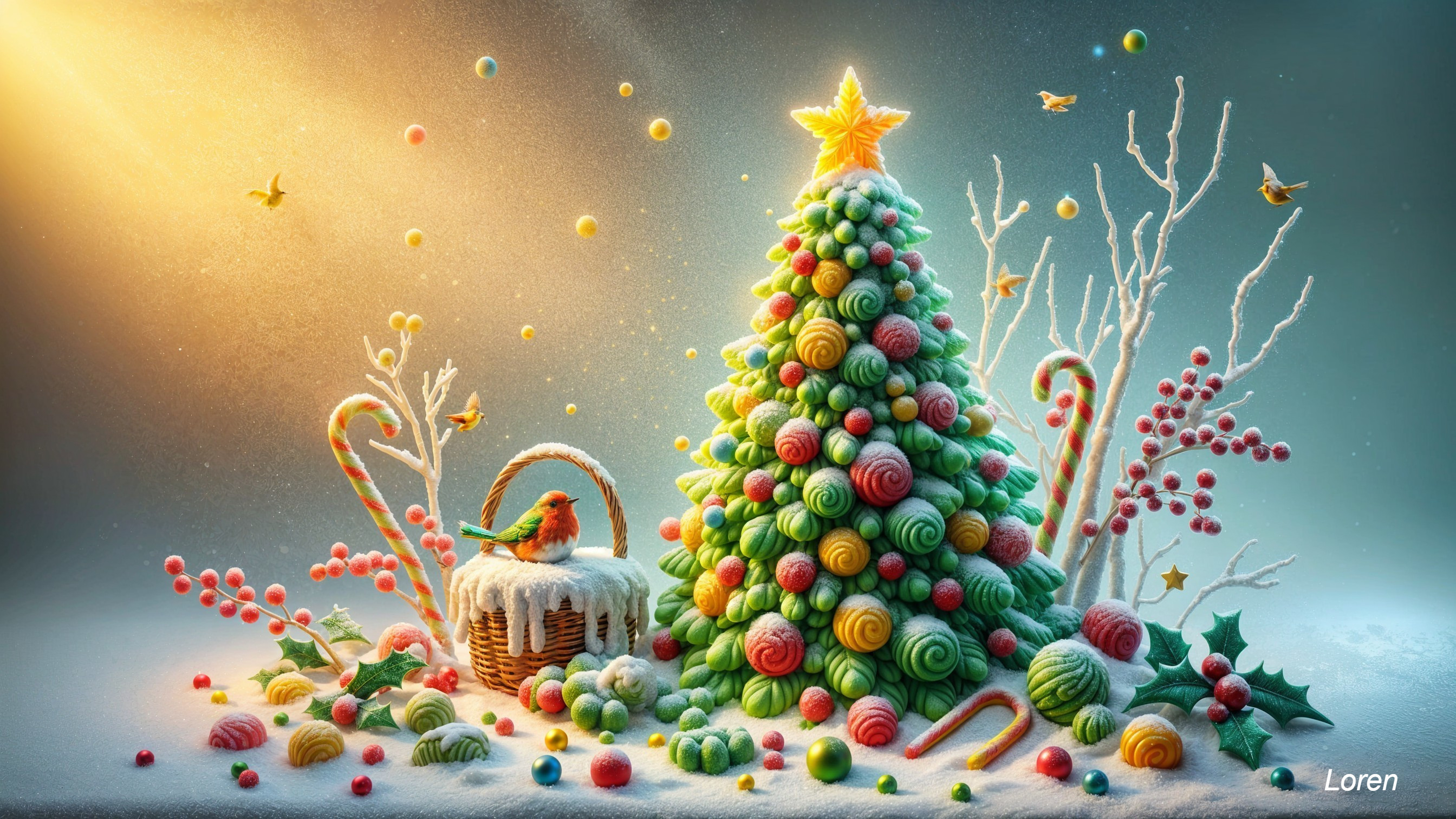Whimsical Christmas Scene with Colorful Candy Tree