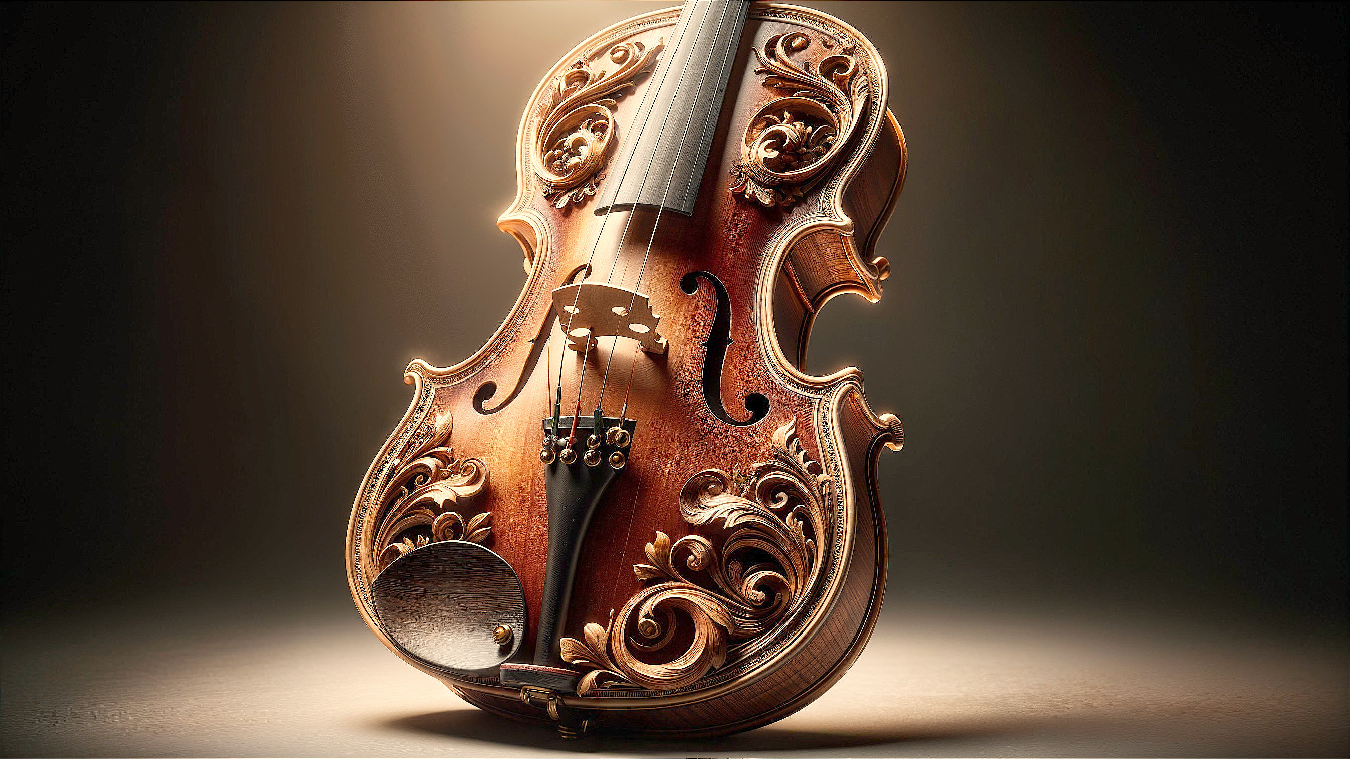 Intricately Carved Wooden Violin with Floral Design