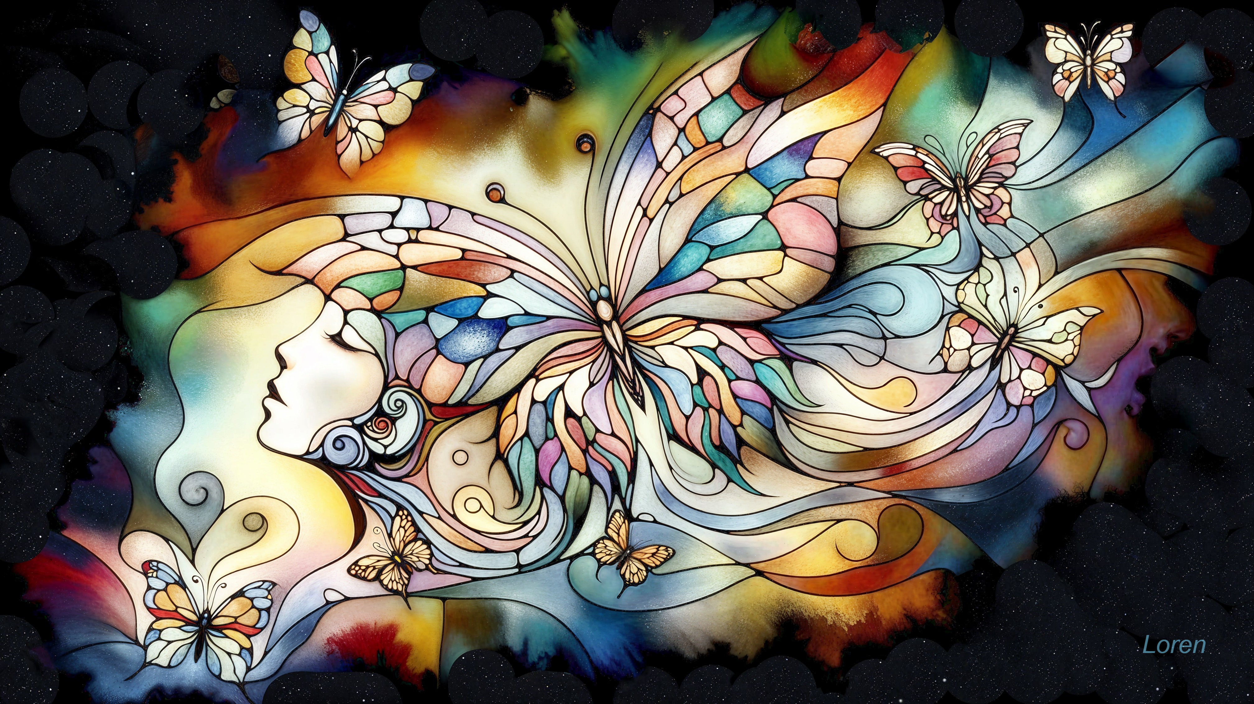 Vibrant Stained Glass Illustration of Woman and Butterflies