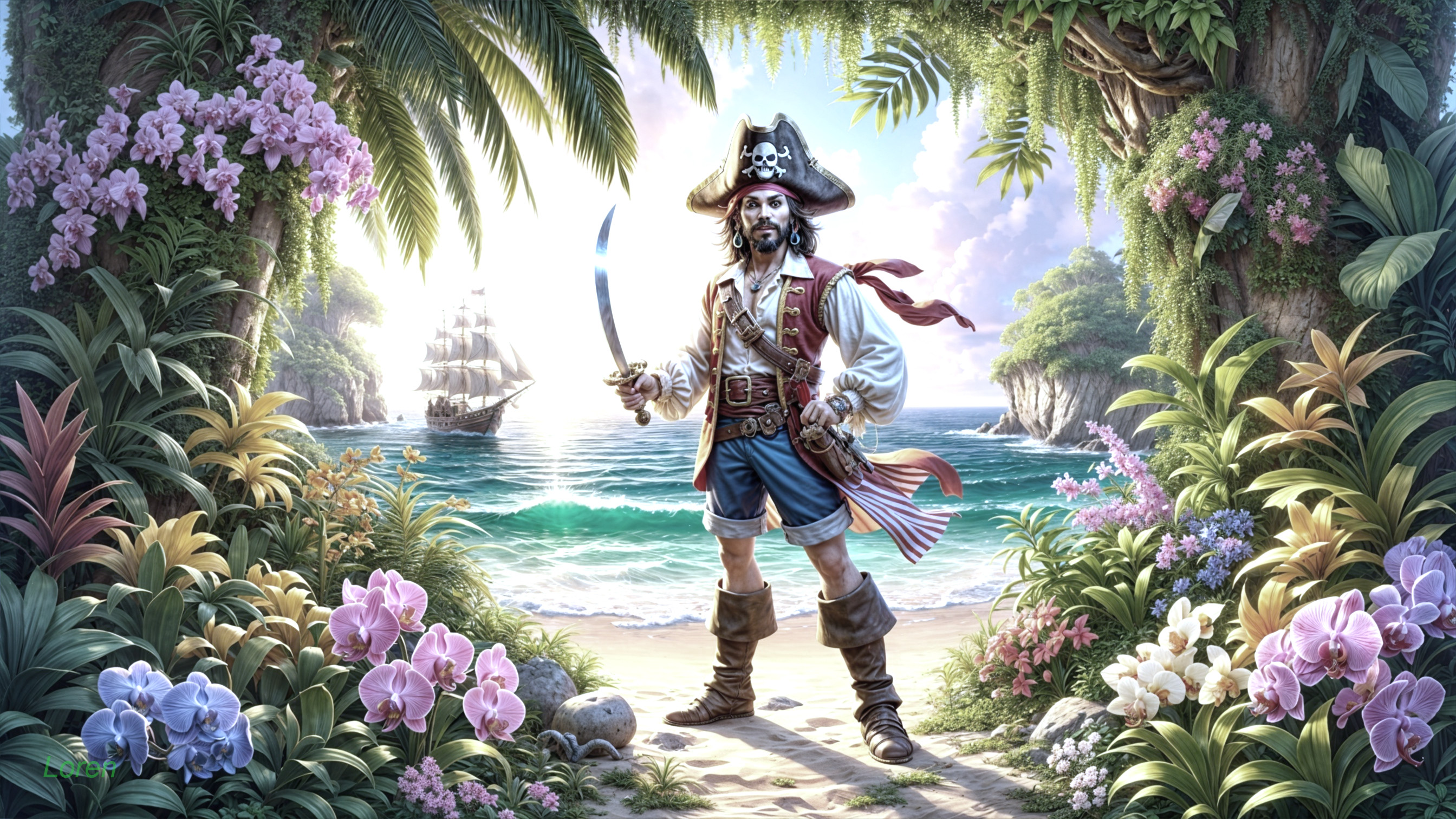 Pirate on Beach with Sword and Tropical Background