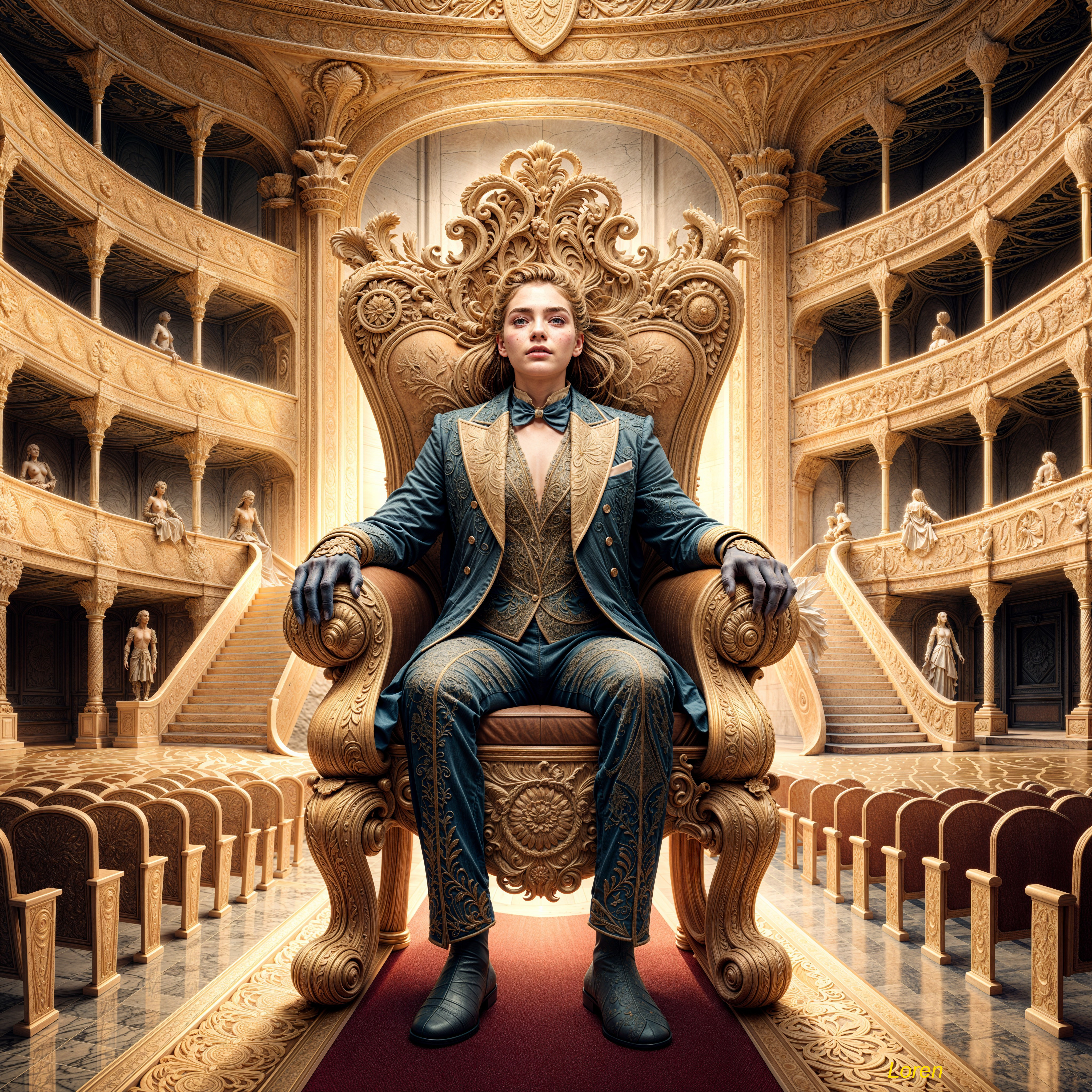 Regal figure in ornate theater with luxurious details