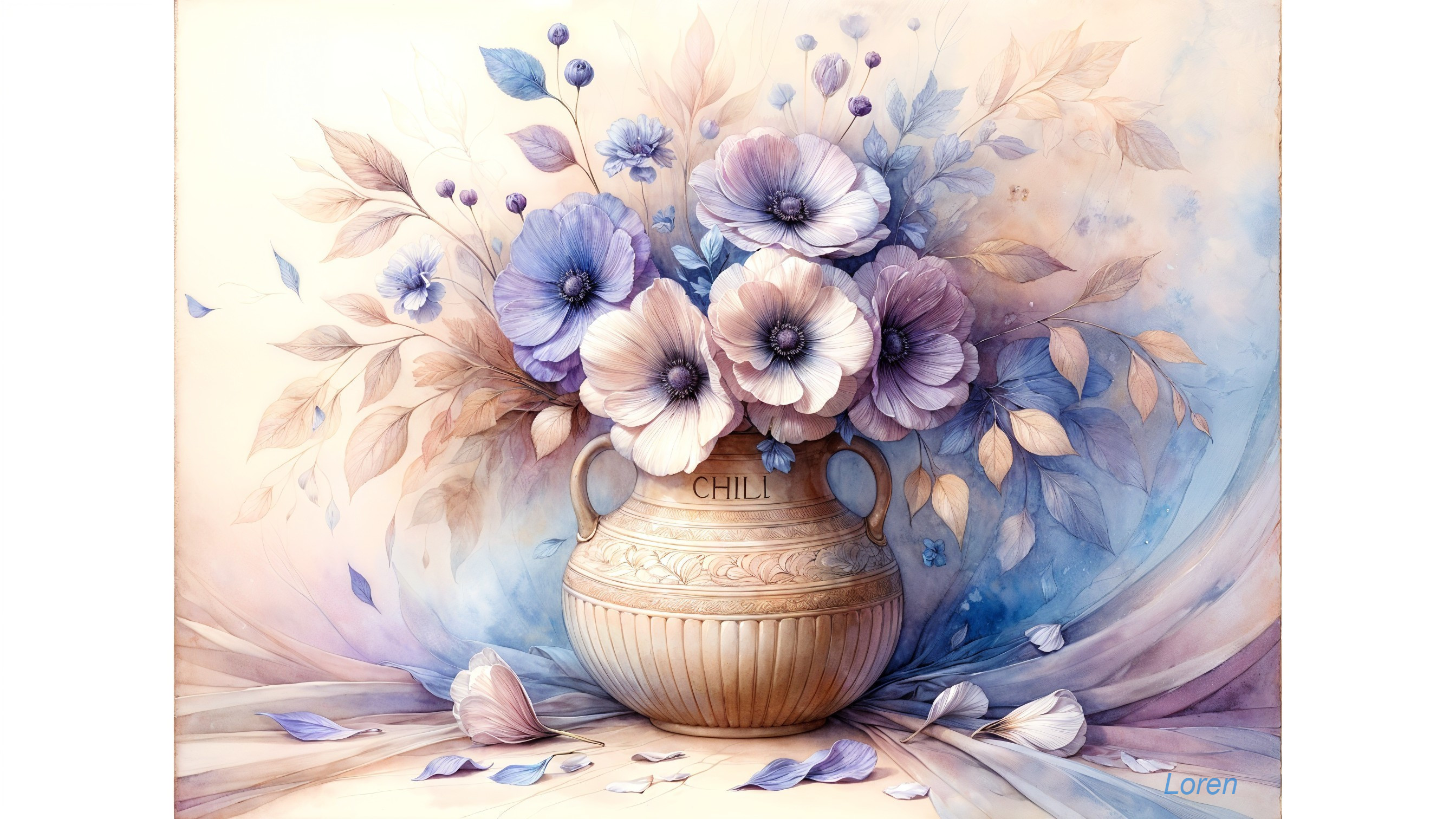 Illustrated vase with soft-colored flowers and foliage