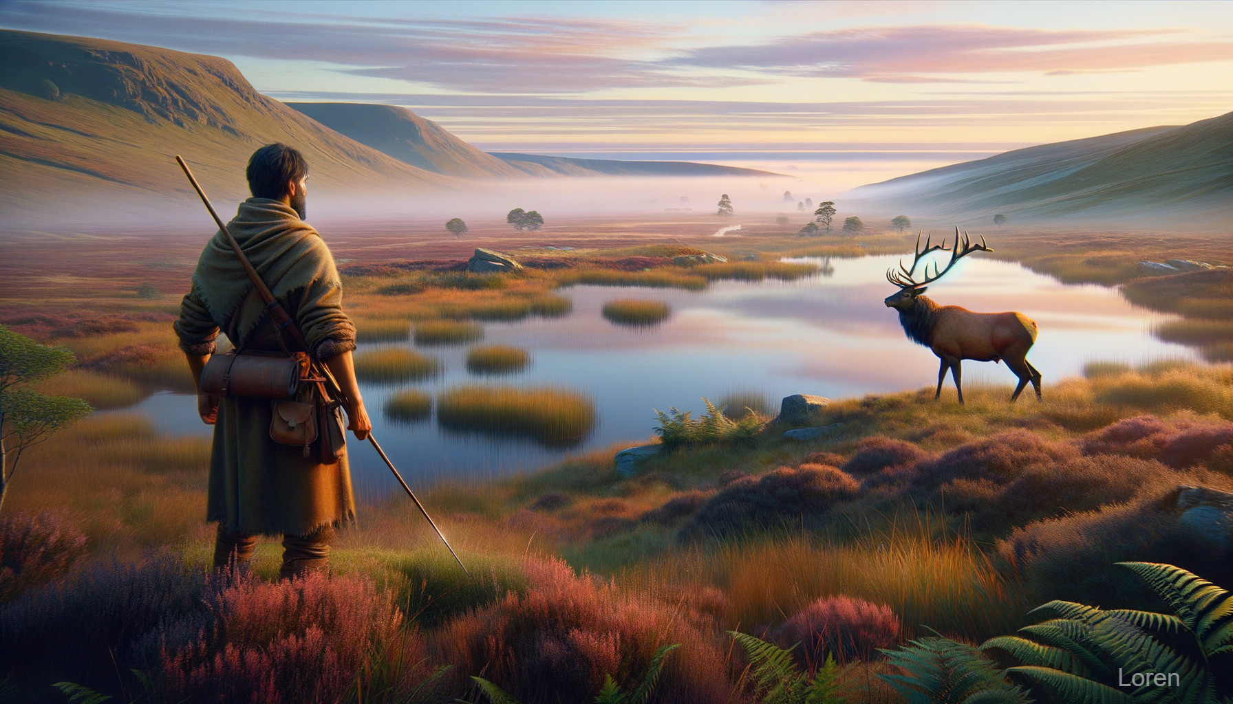 Lone Hunter at Serene Lake with Majestic Stag