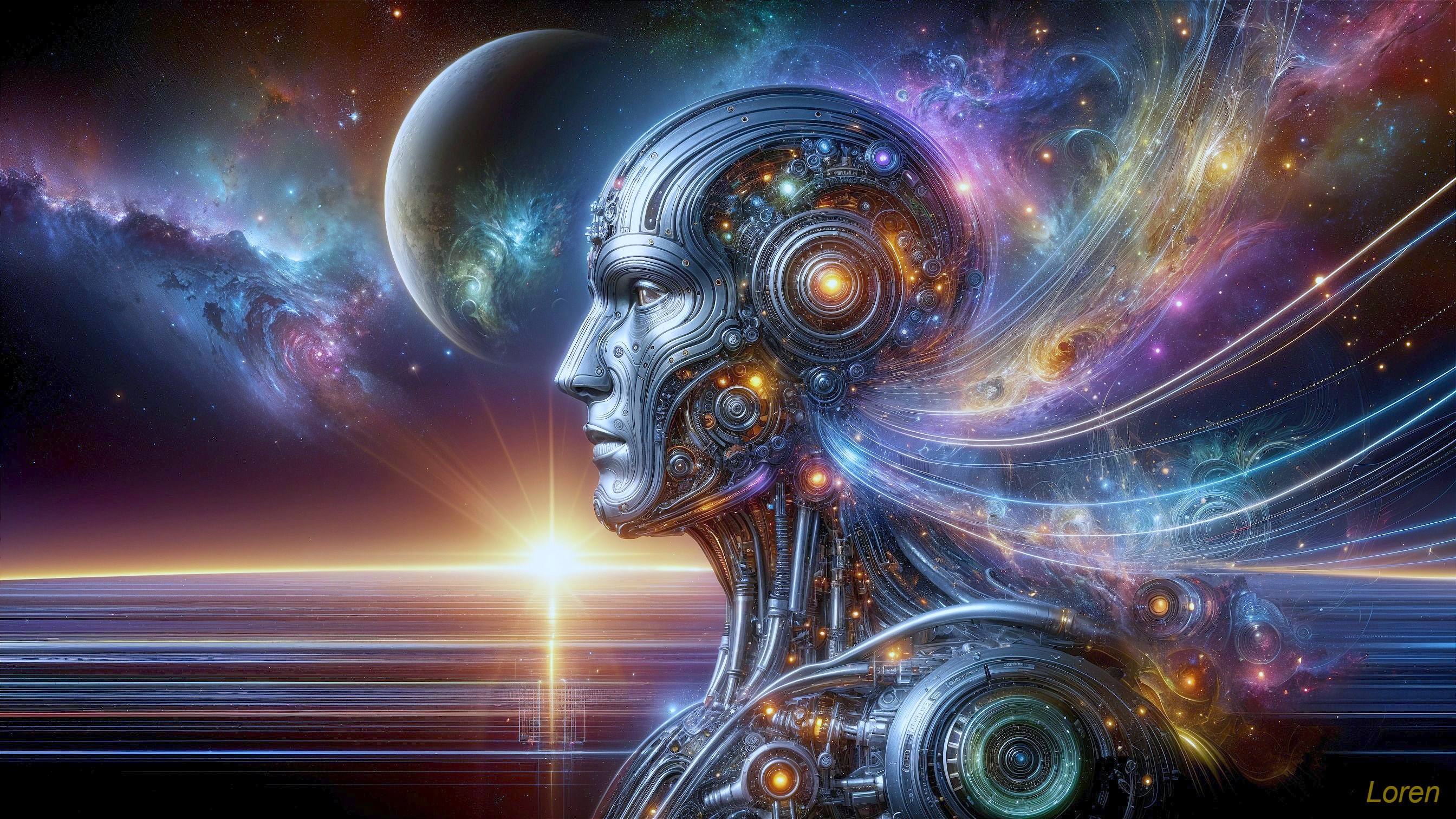 Futuristic Humanoid Figure in Cosmic Background