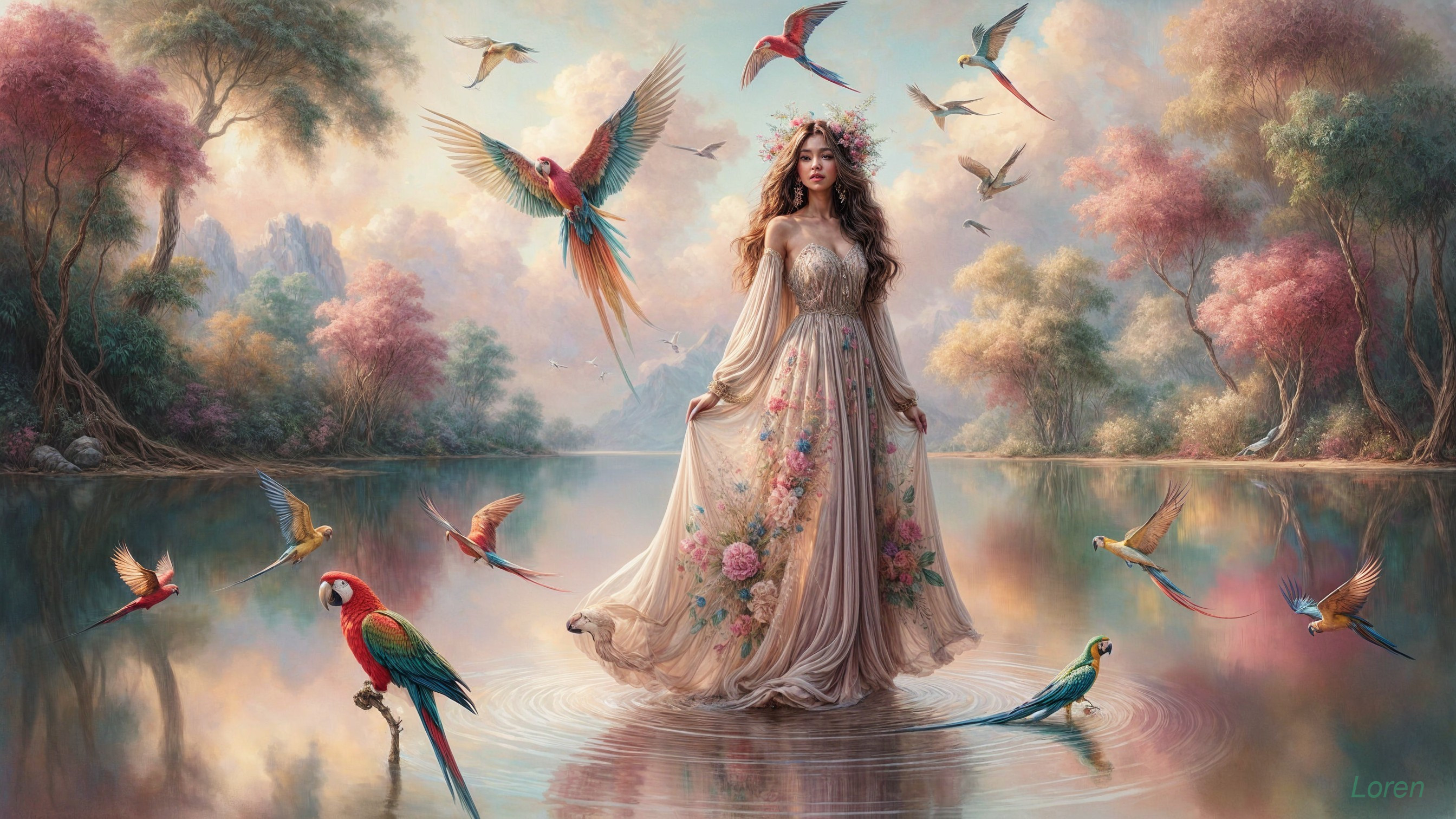 Young Woman in Floral Gown Amid Vibrant Parrots