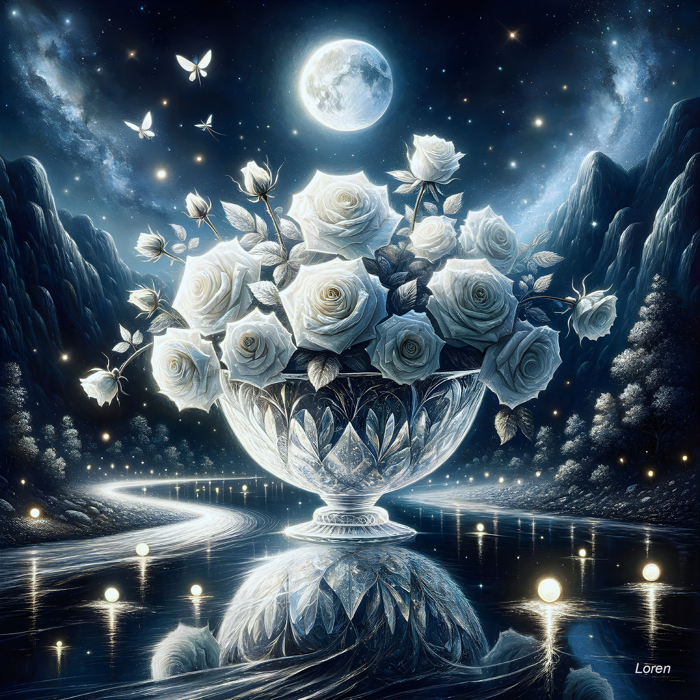 White Roses in Crystal Vase Under Moonlit Sky