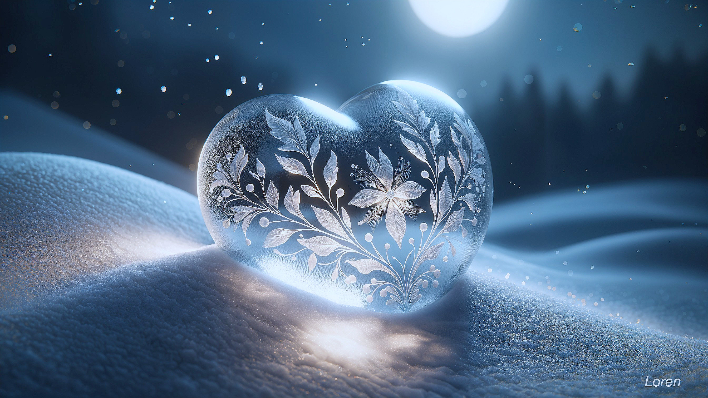 Heart-Shaped Crystal on Snowy Ground with Snowflakes