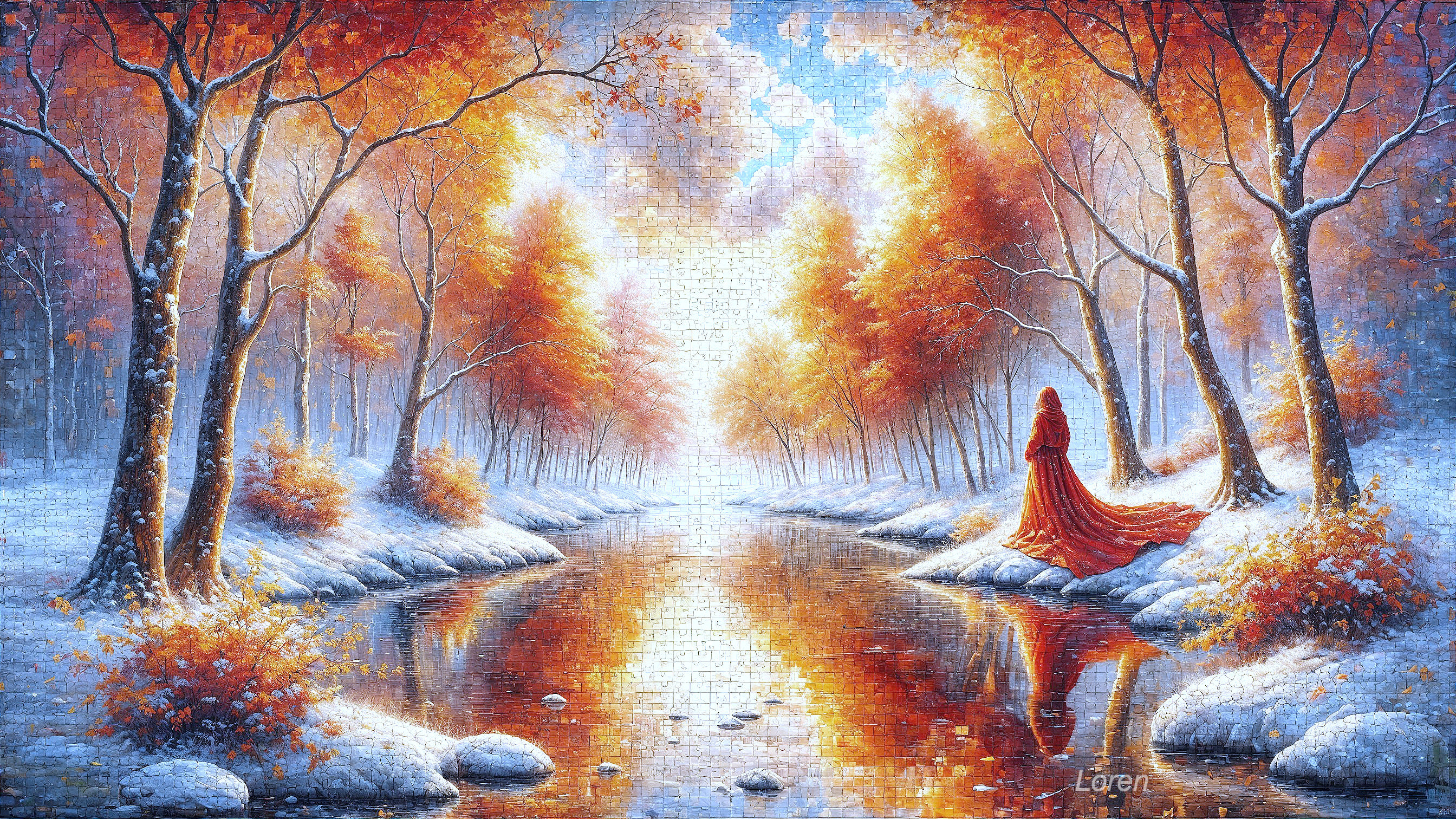 Autumn Landscape with Woman in Red Dress by River