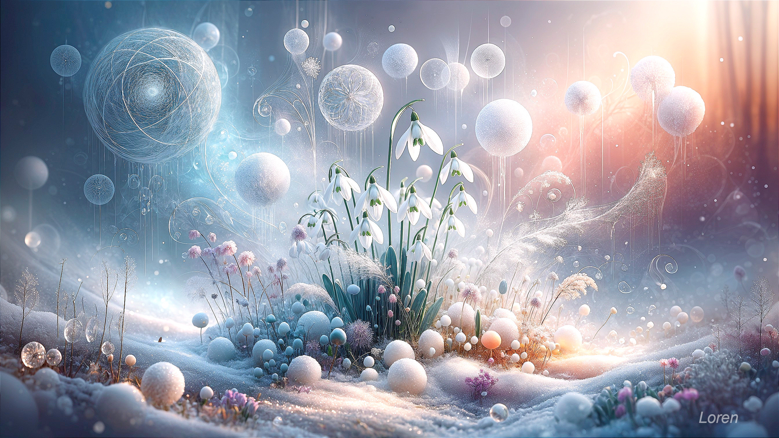 Dreamlike Winter Landscape with Snowdrops and Pastels