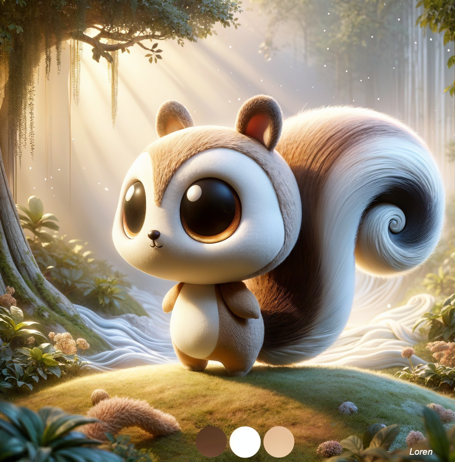 Cartoonish squirrel in a sunlit forest glade