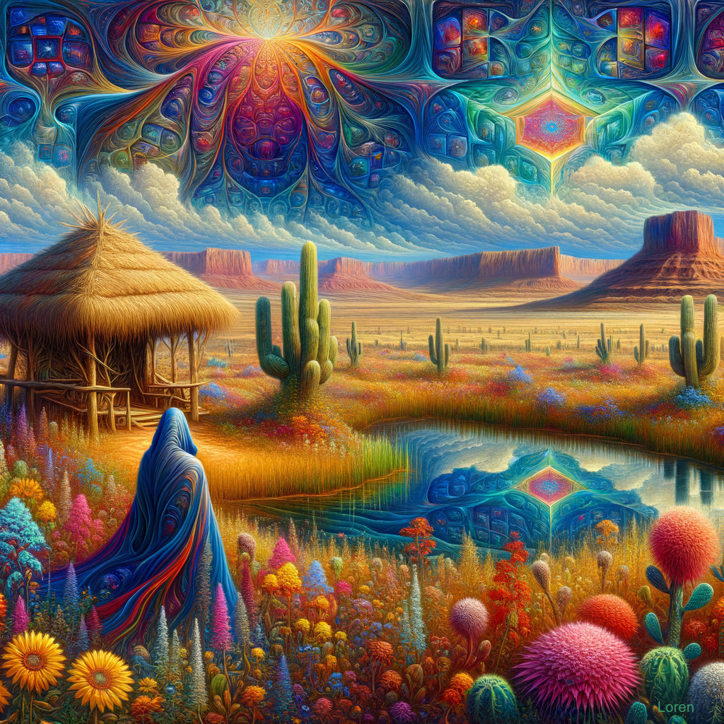 Surreal Colorful Desert Landscape with Mesas and Pond