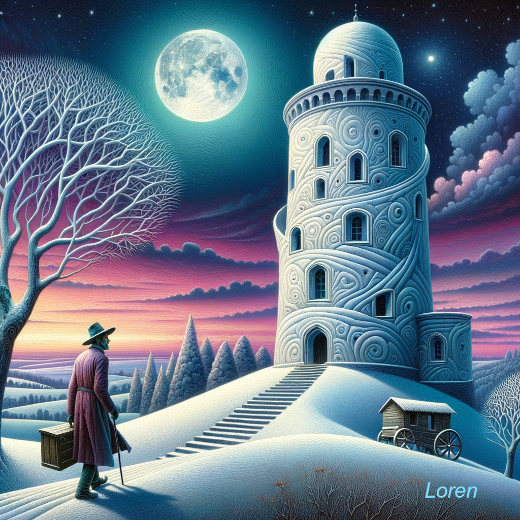 Person in a hat near cart gazing at whimsical tower