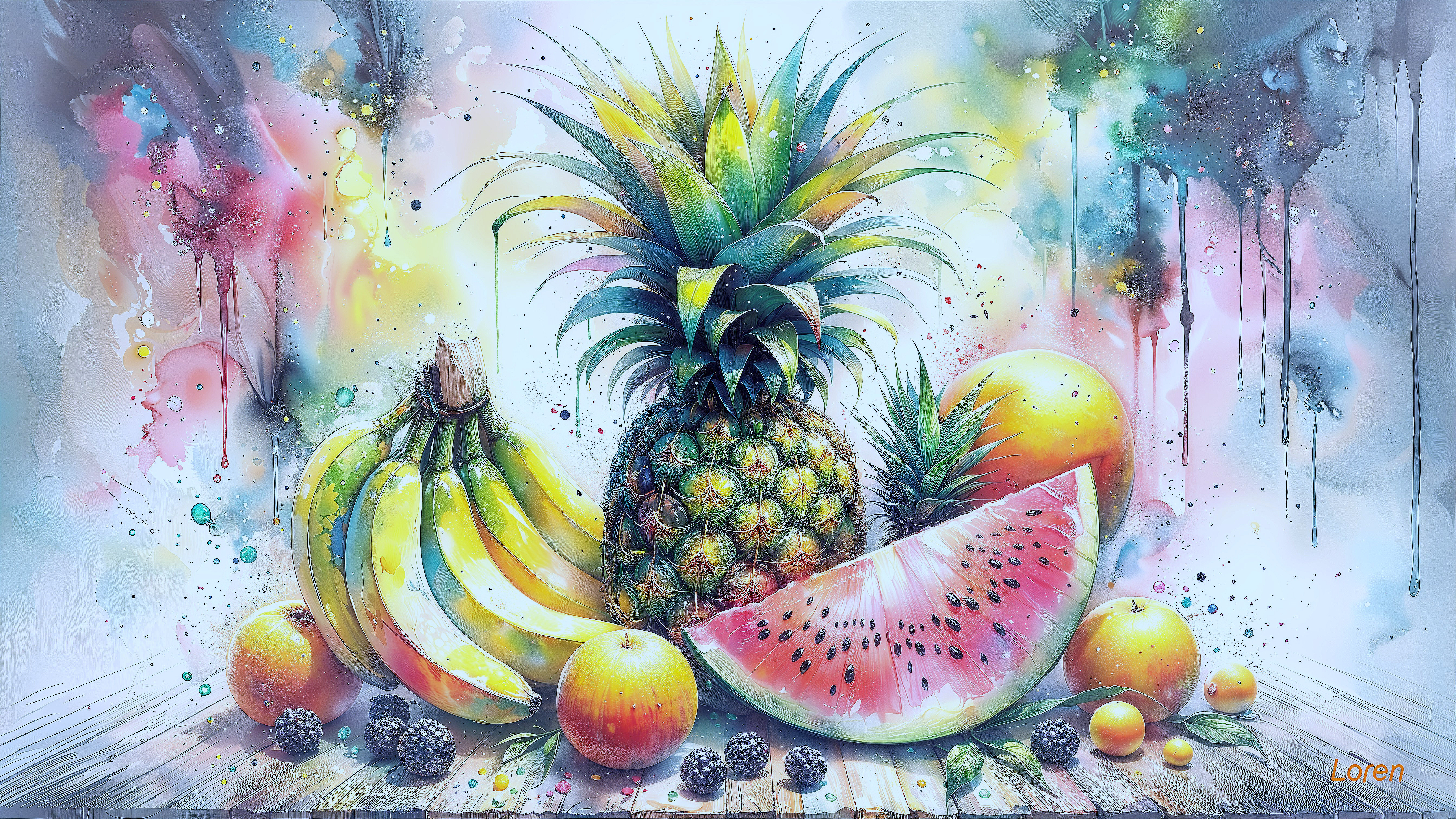 Colorful Still Life with Pineapple and Fruits