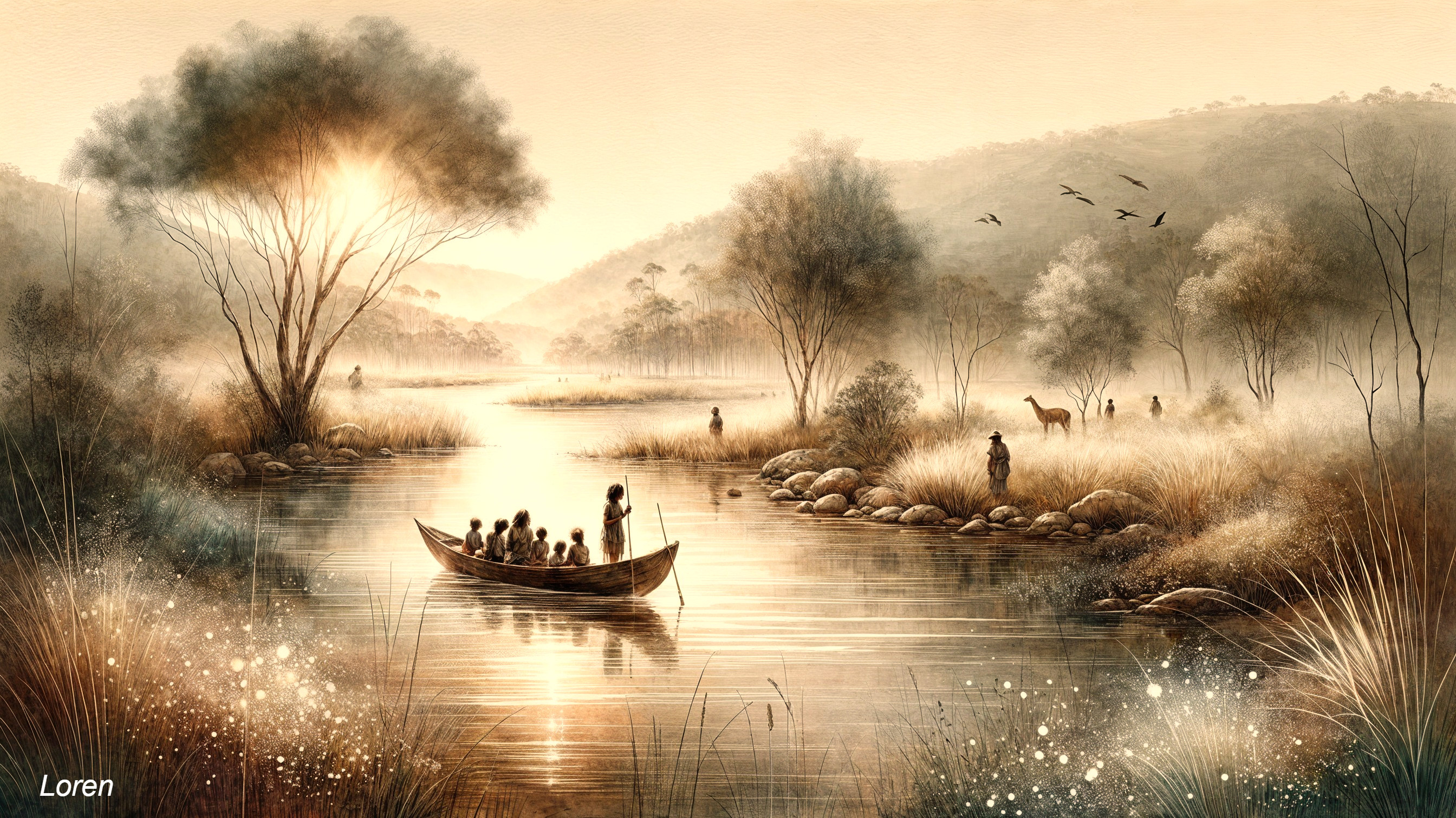 Tranquil River Landscape with Boat and Wildlife Silhouettes