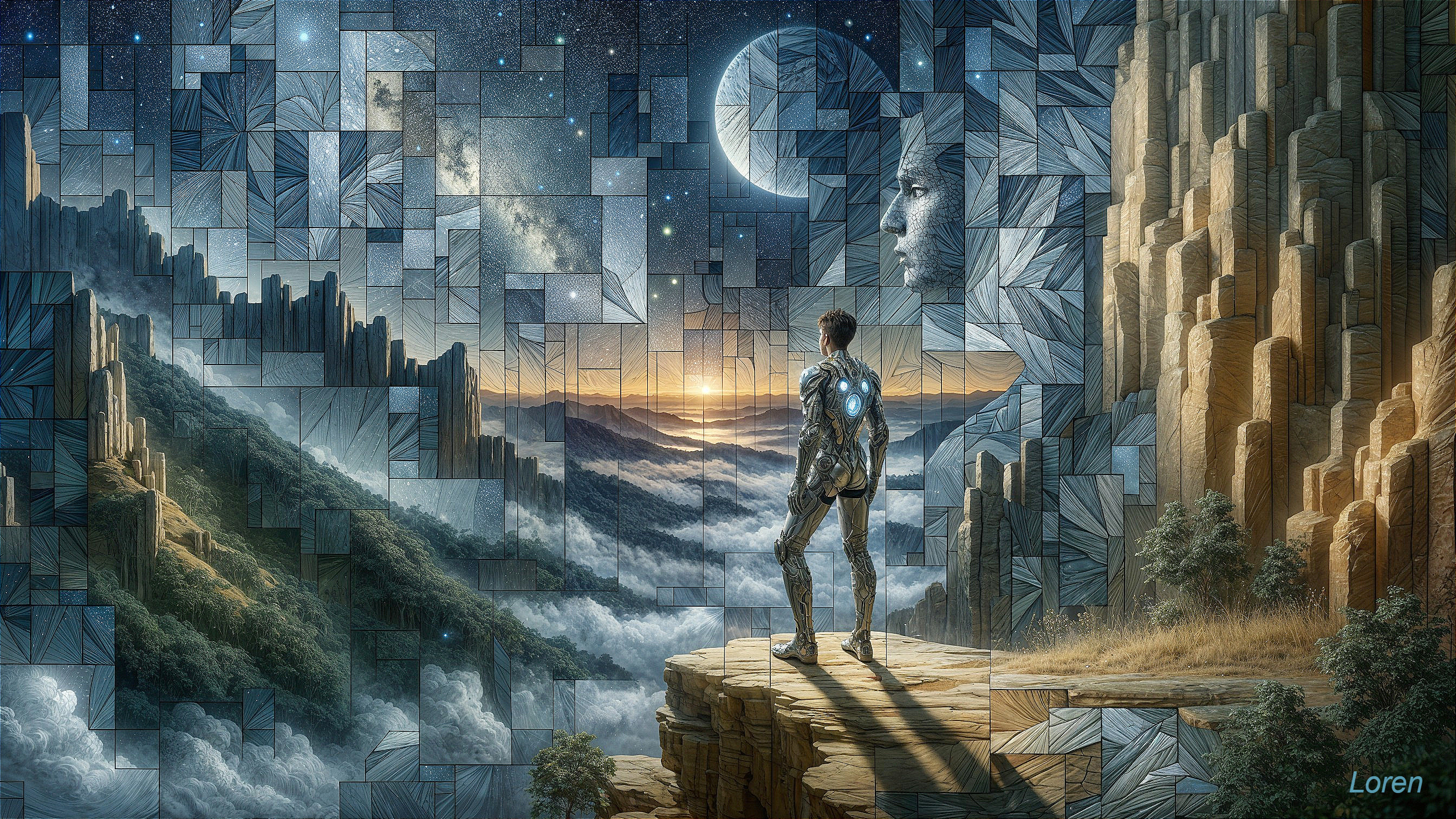 Cliffside Figure Overlooking Misty Mountains and Sky