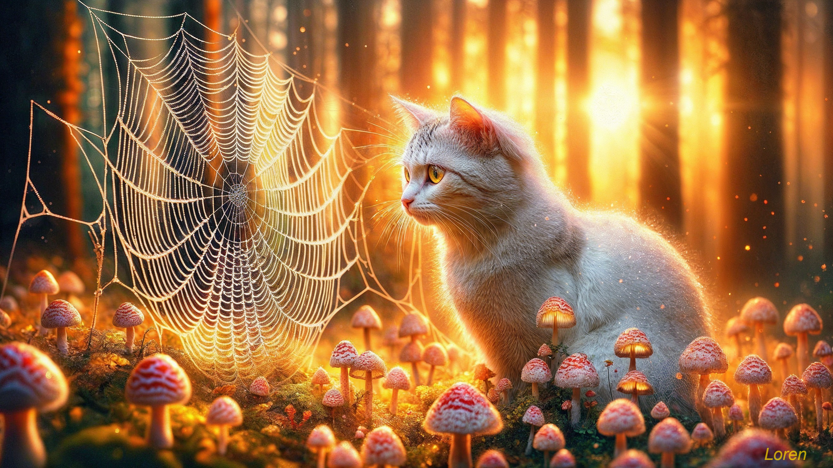 Mystical forest scene with cat, spiderweb, and mushrooms