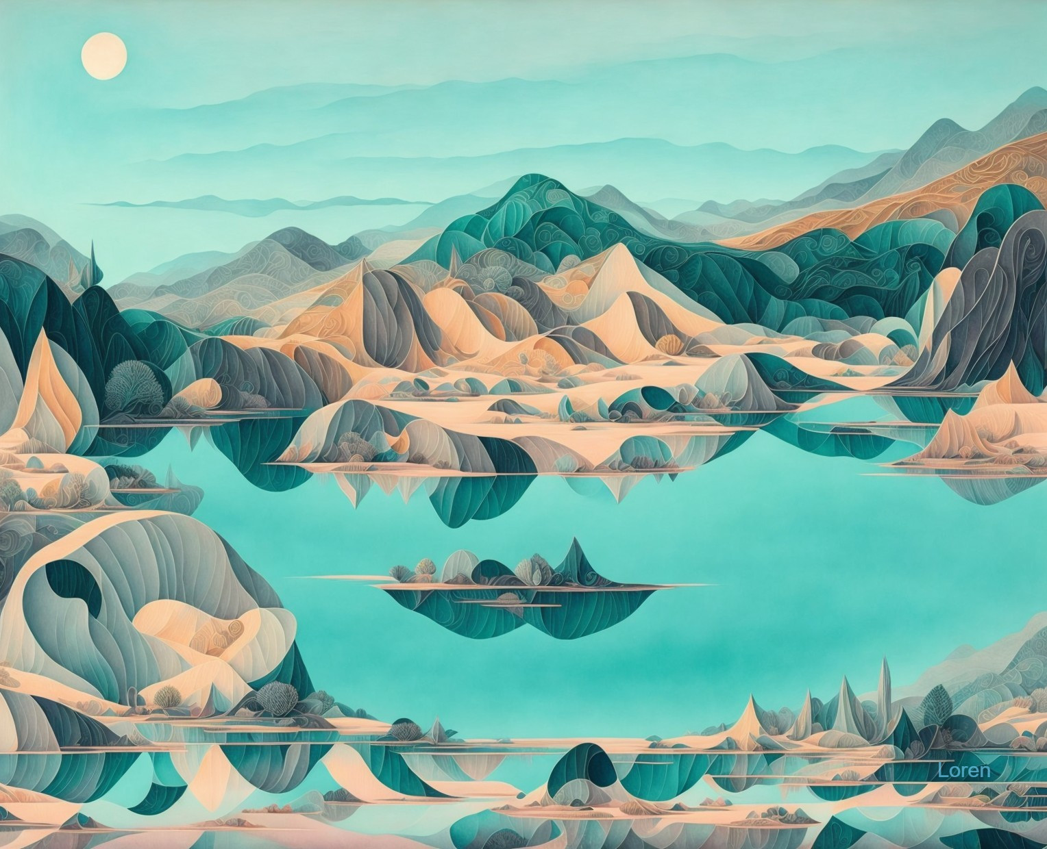 Turquoise mountains, round hills, calm lake in pastel landscape