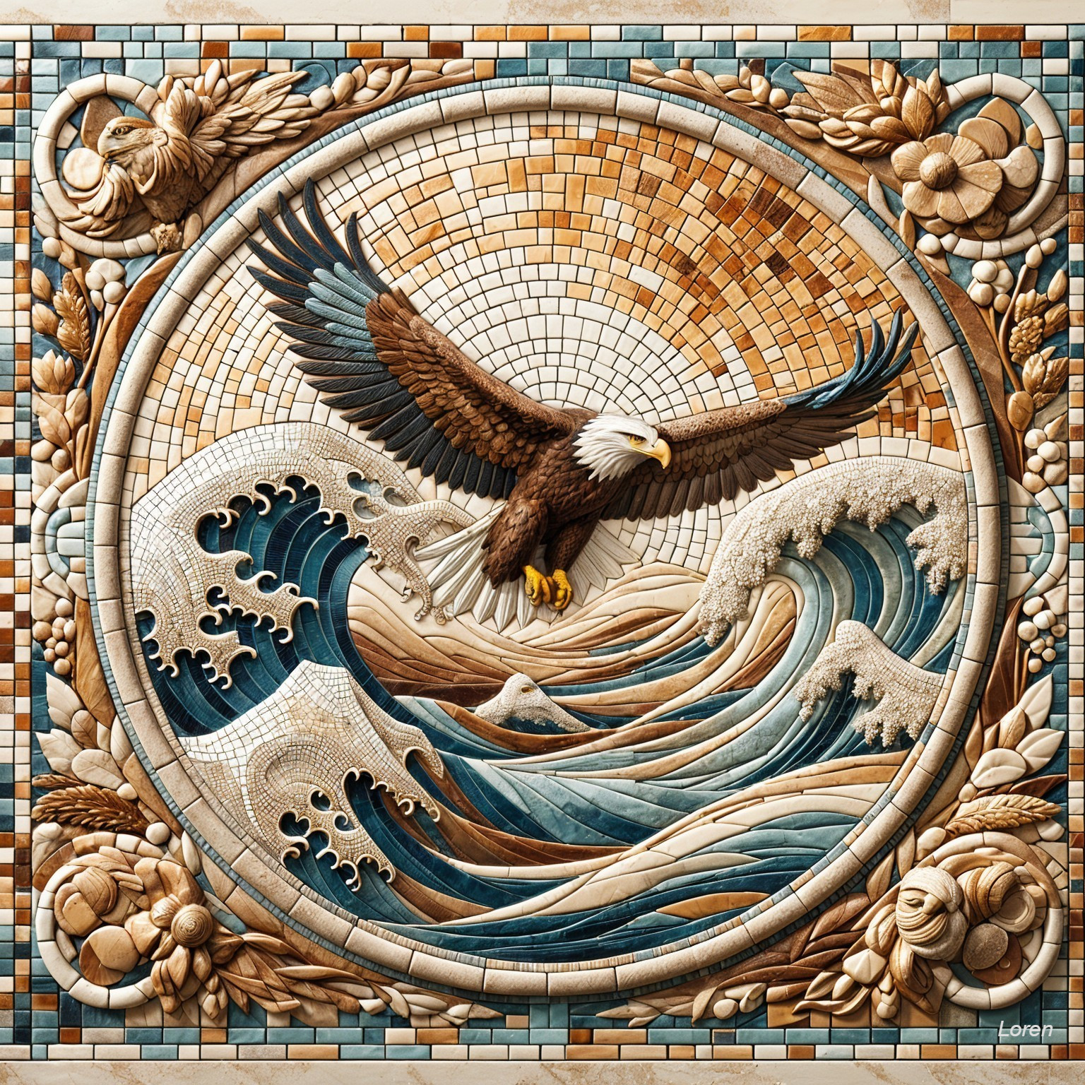 Mosaic of an Eagle Above Turbulent Ocean Waves