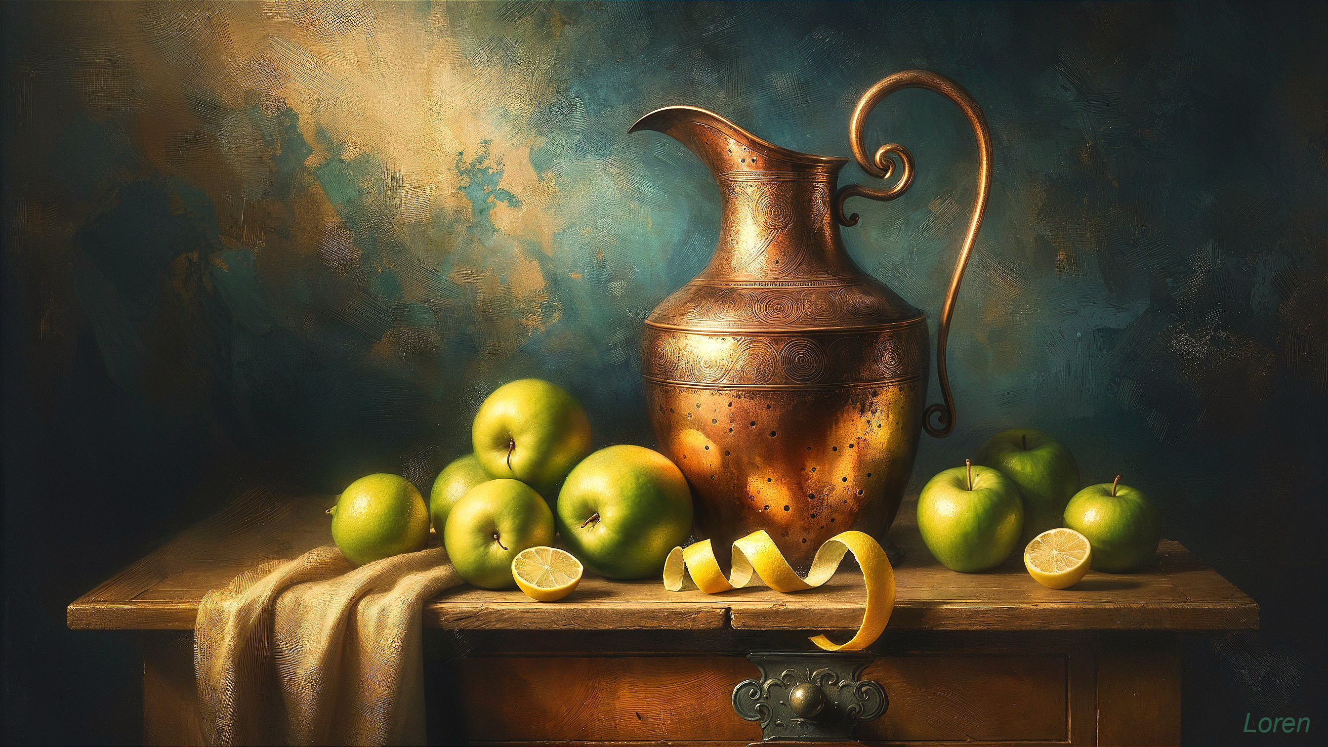 Rustic Still Life with Copper Pitcher and Fruit