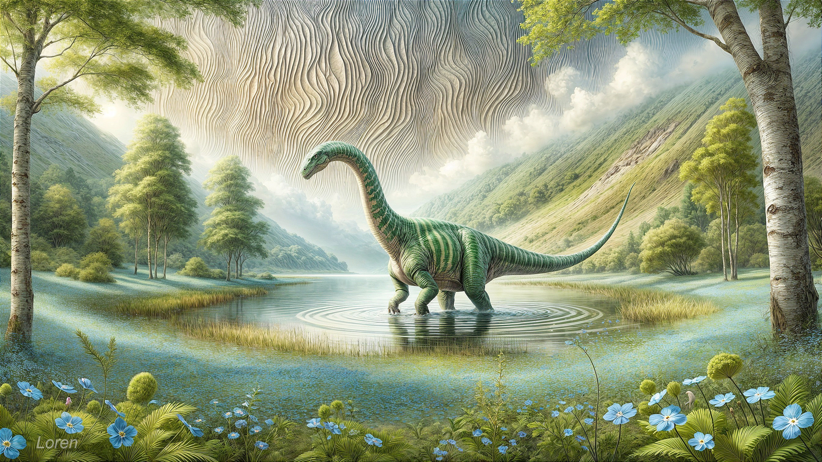 Dinosaur Wading in Serene Lake Surrounded by Nature