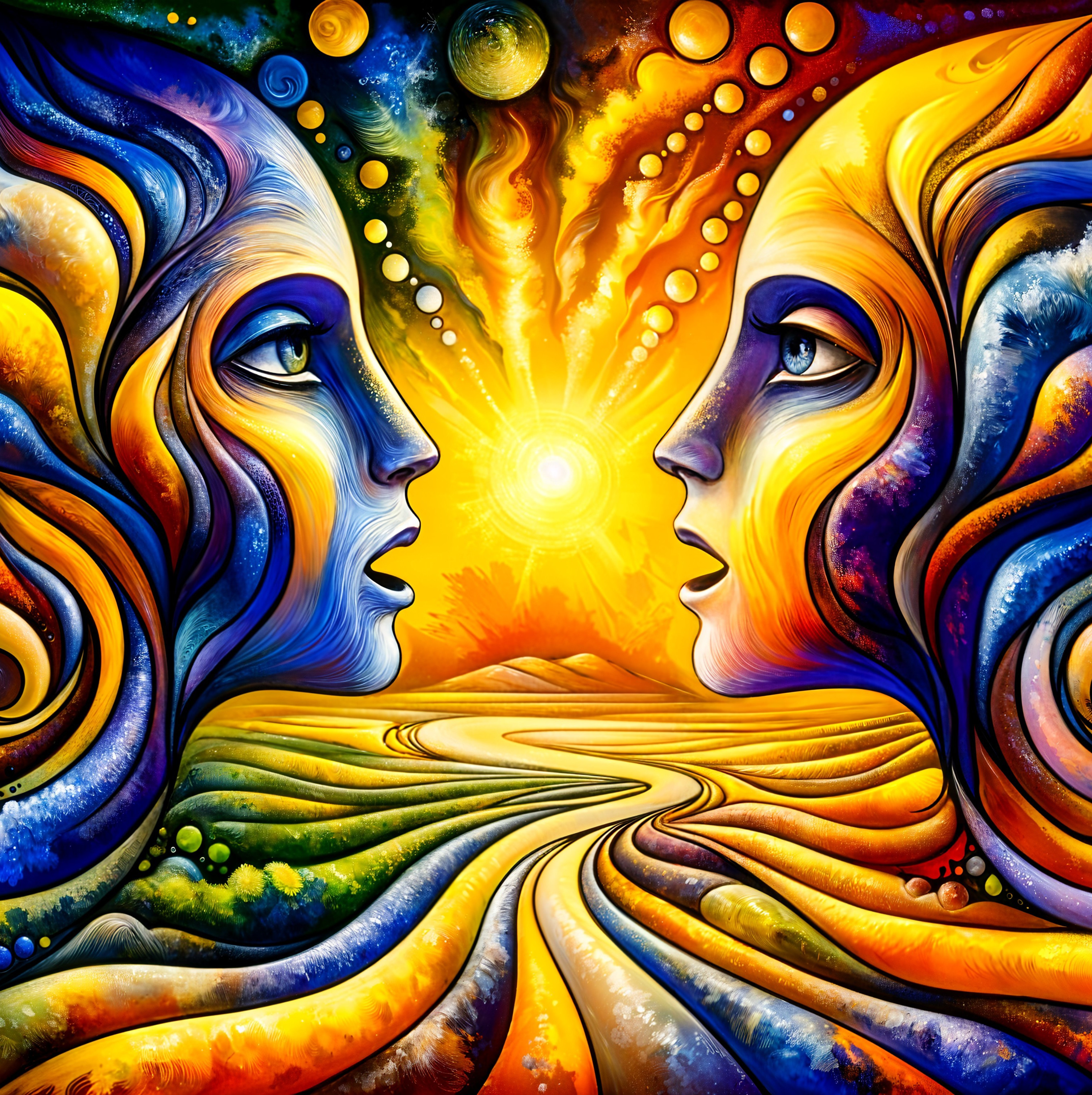 Surreal Landscape with Human Faces and Celestial Elements