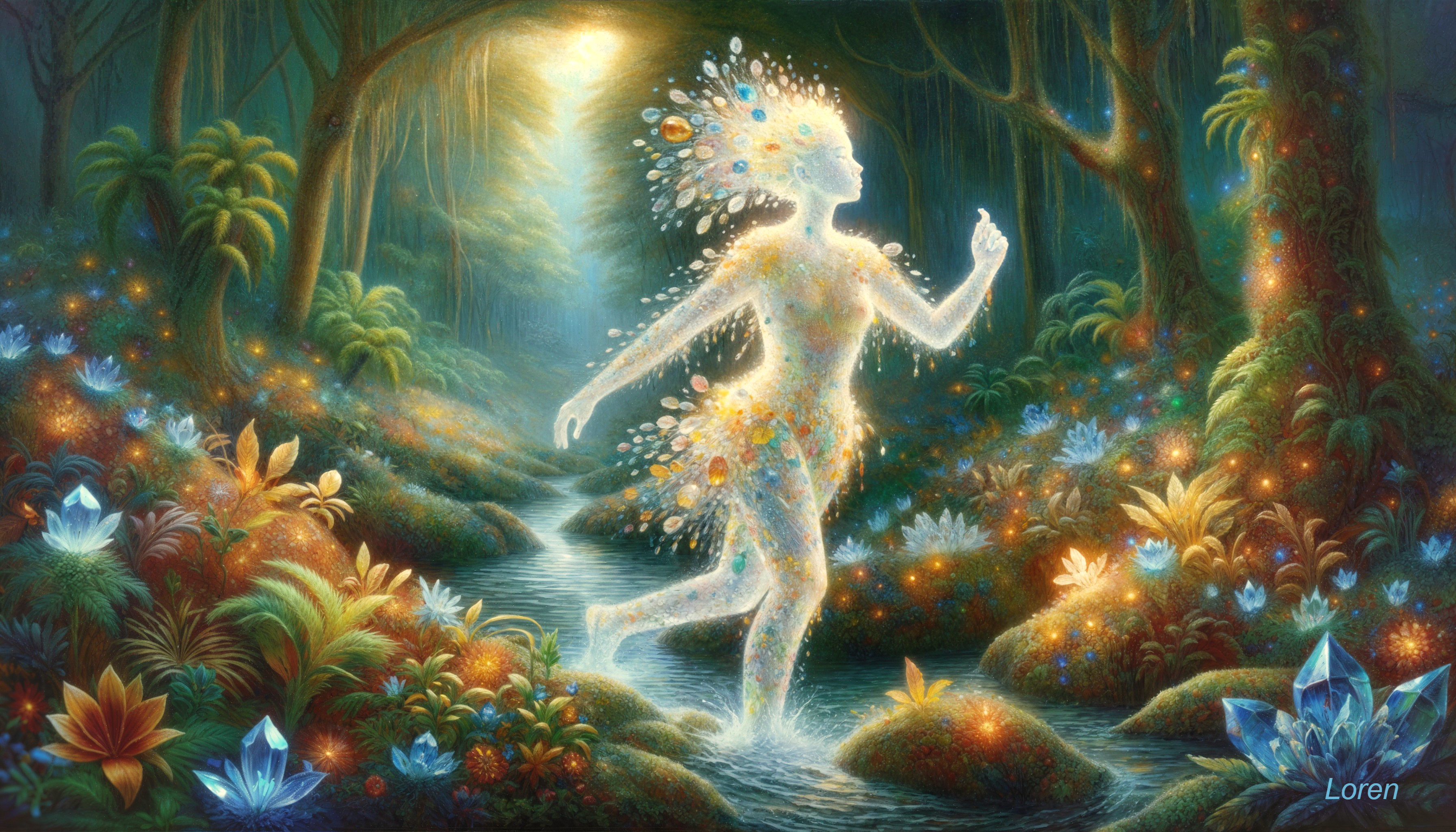 Ethereal Figure in a Magical Forest Stream Scene