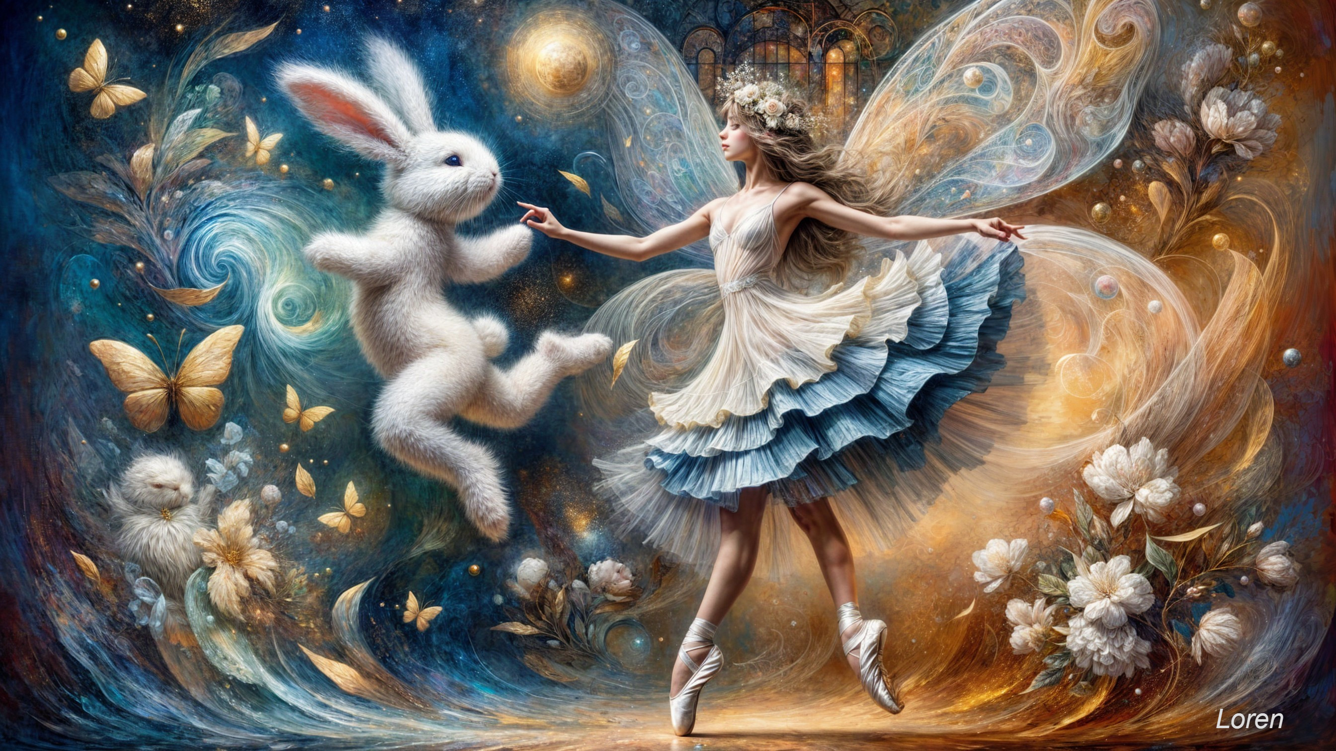 Whimsical Fairy Dances with Joyful Bunny in Colors
