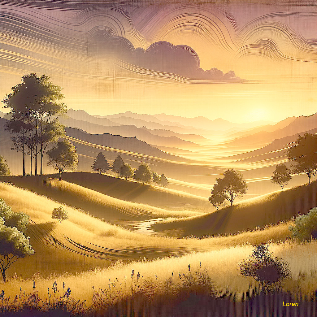 Serene Dawn Landscape with Rolling Hills and Stream