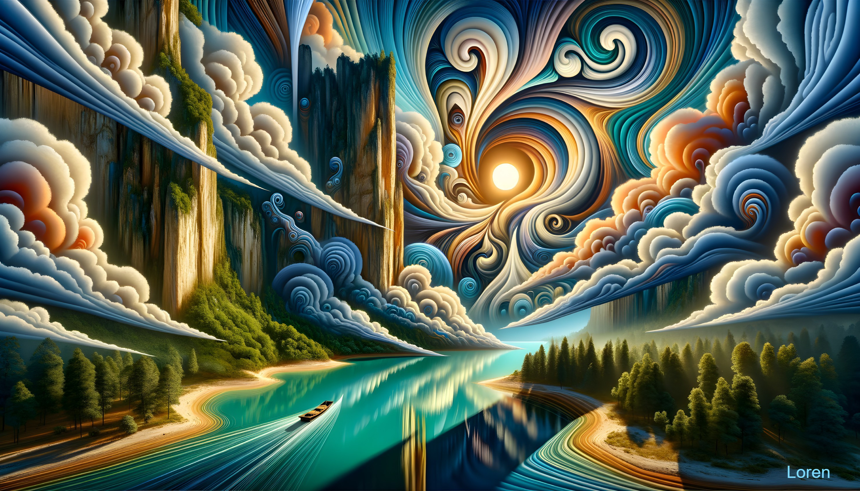 Surreal landscape with swirling skies, serene river, lush forests, towering cliffs, and a boat