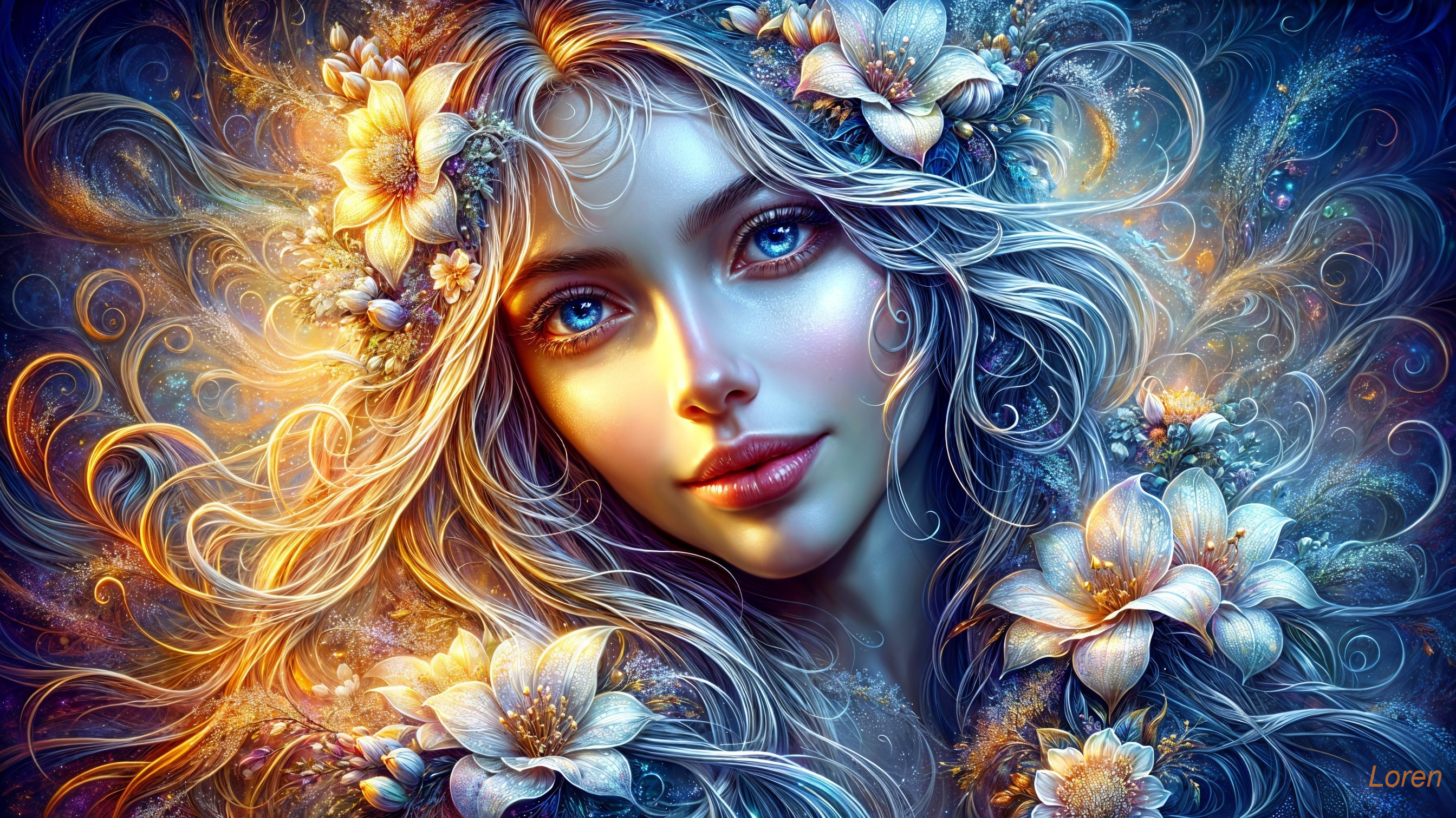Serene Young Woman with Floral Hair and Blue Eyes