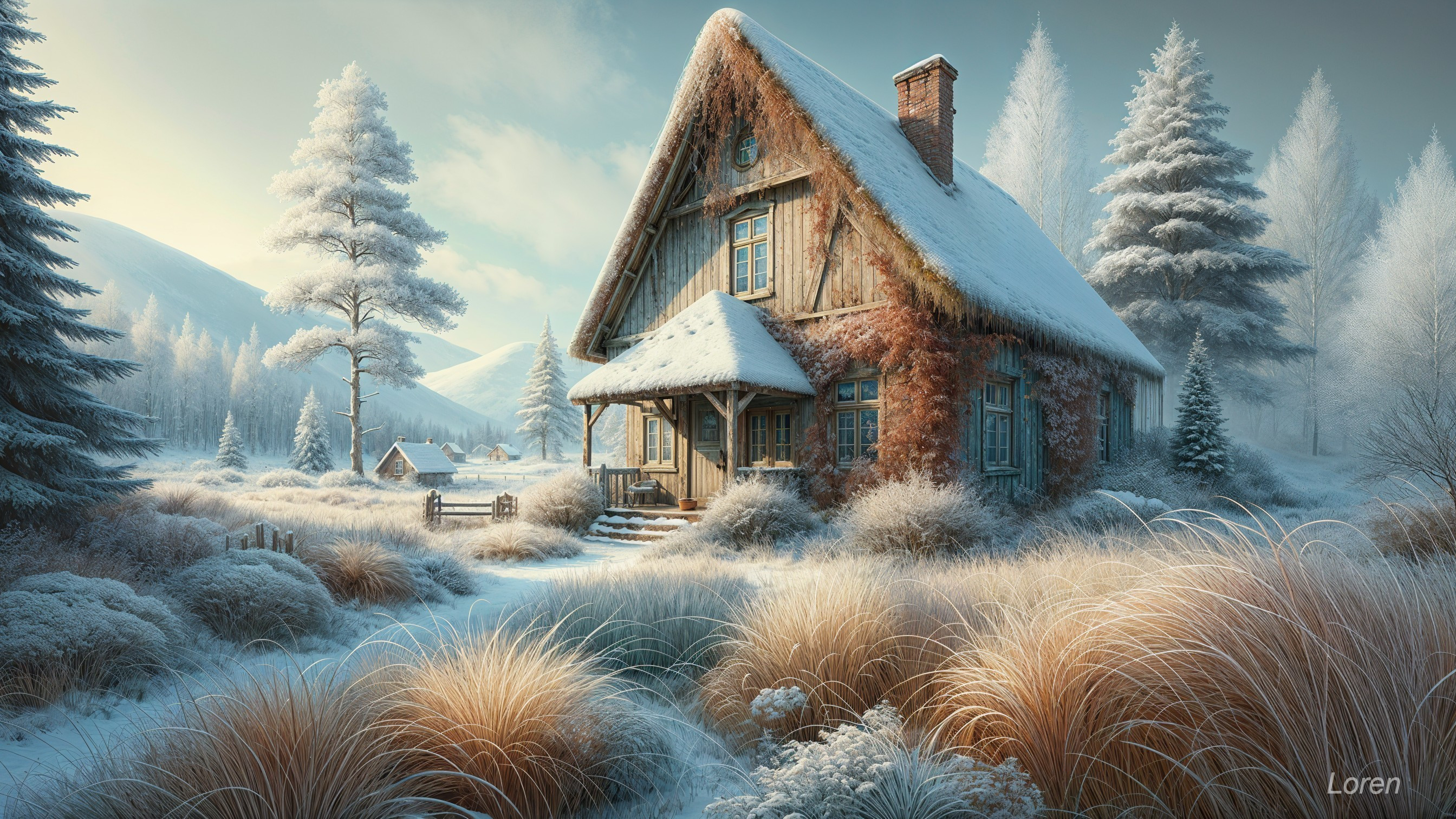 Snow-Covered Cottage in a Serene Winter Landscape