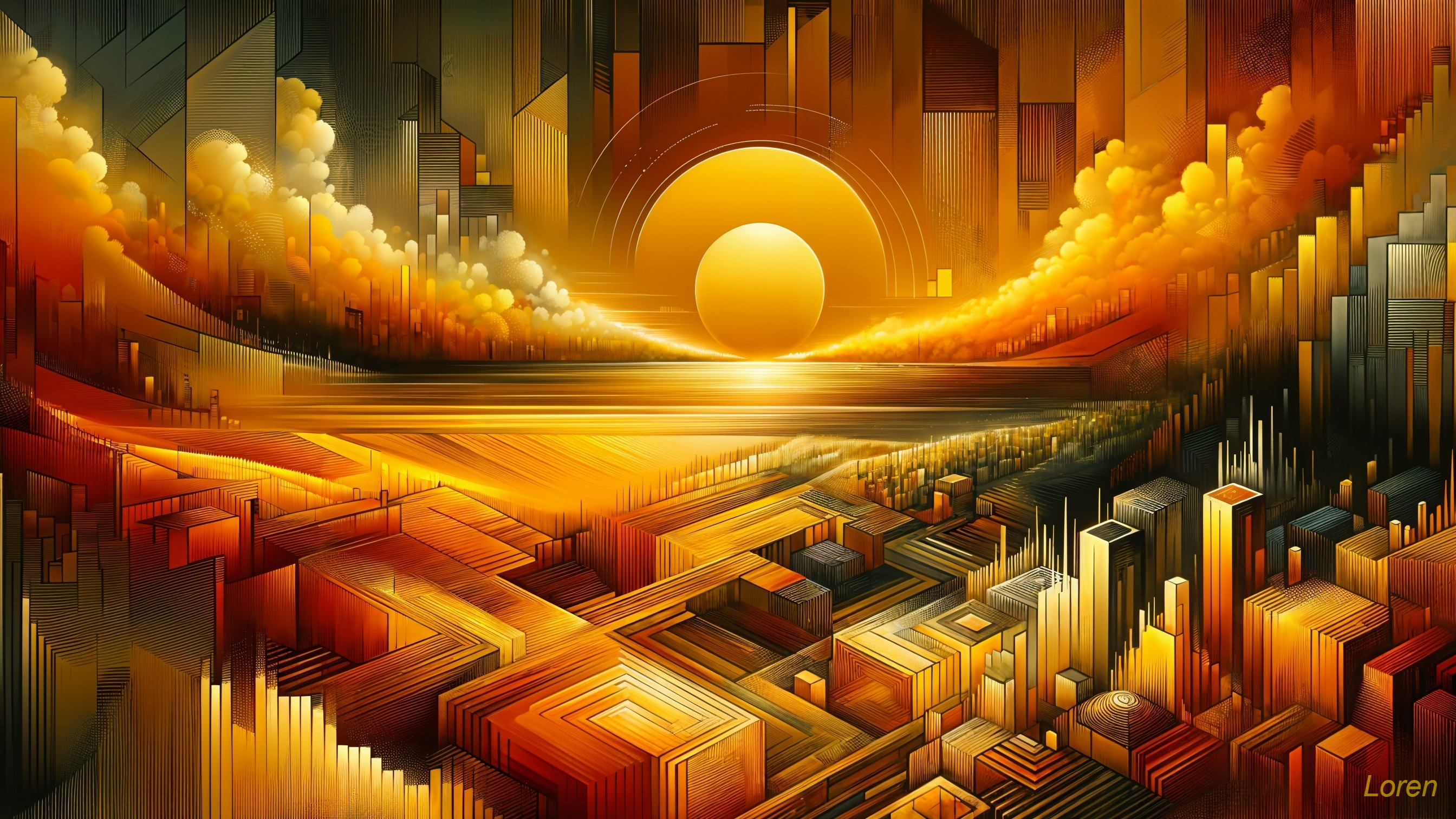 Abstract Landscape with Sunset and Cityscapes