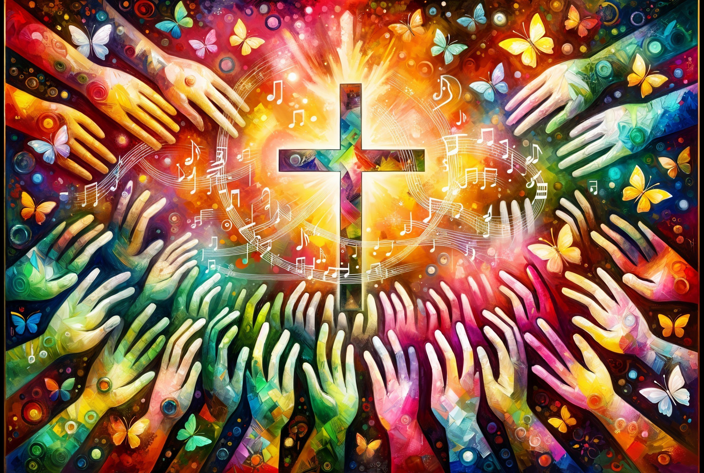 Colorful Scene of Hands Reaching for a Glowing Cross