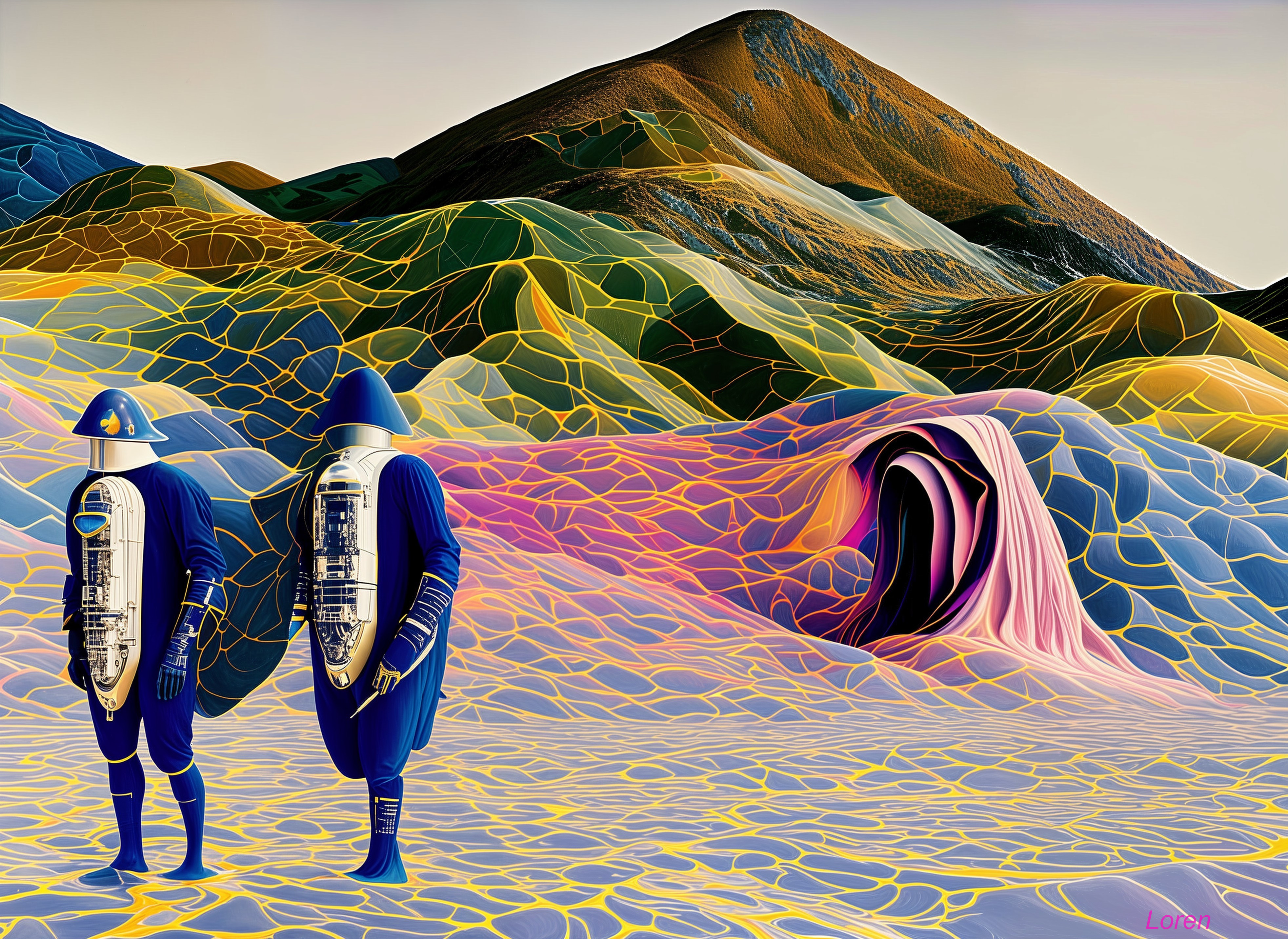 Surreal Landscape with Astronauts and Vibrant Colors