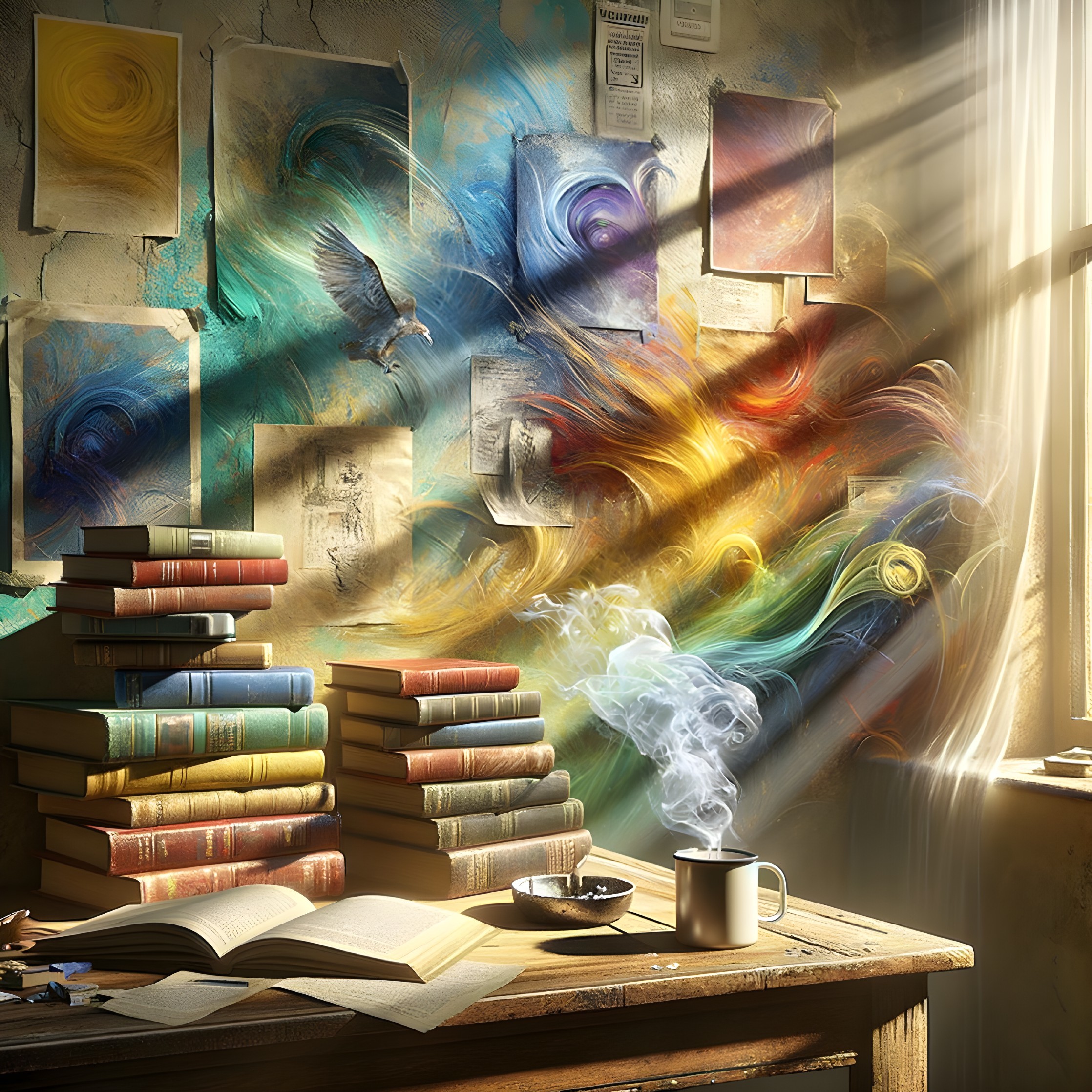 Cozy Sunlit Study with Colorful Books and Art