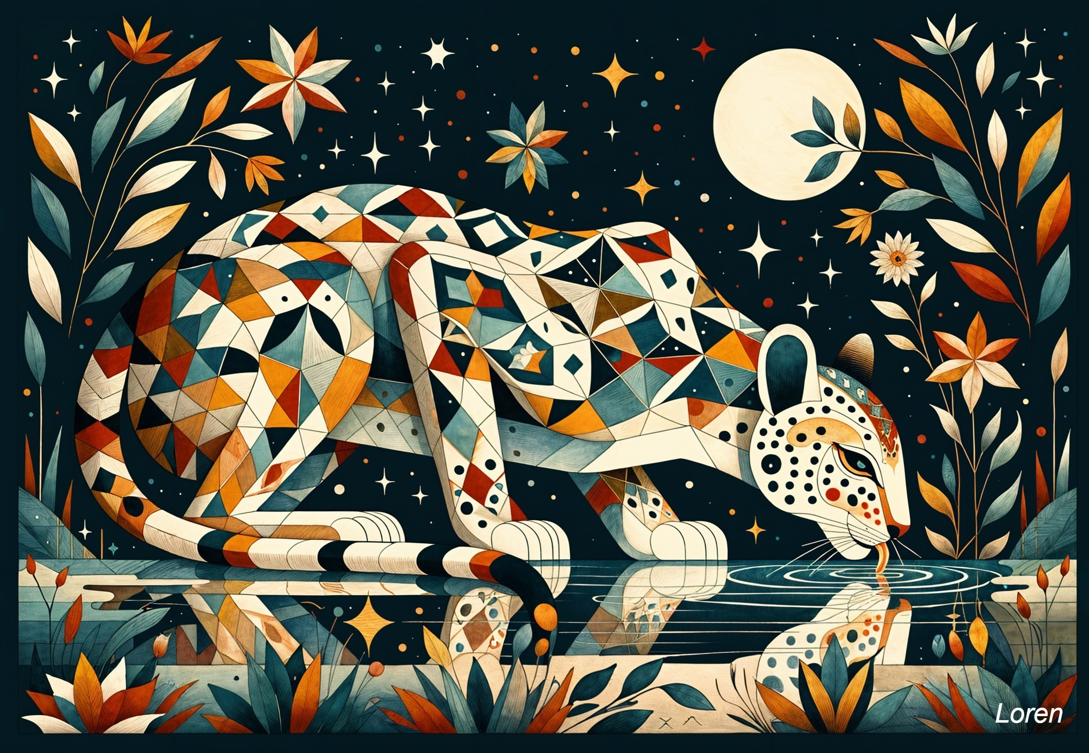 Geometric Jaguar Drinking from a Shimmering Pool