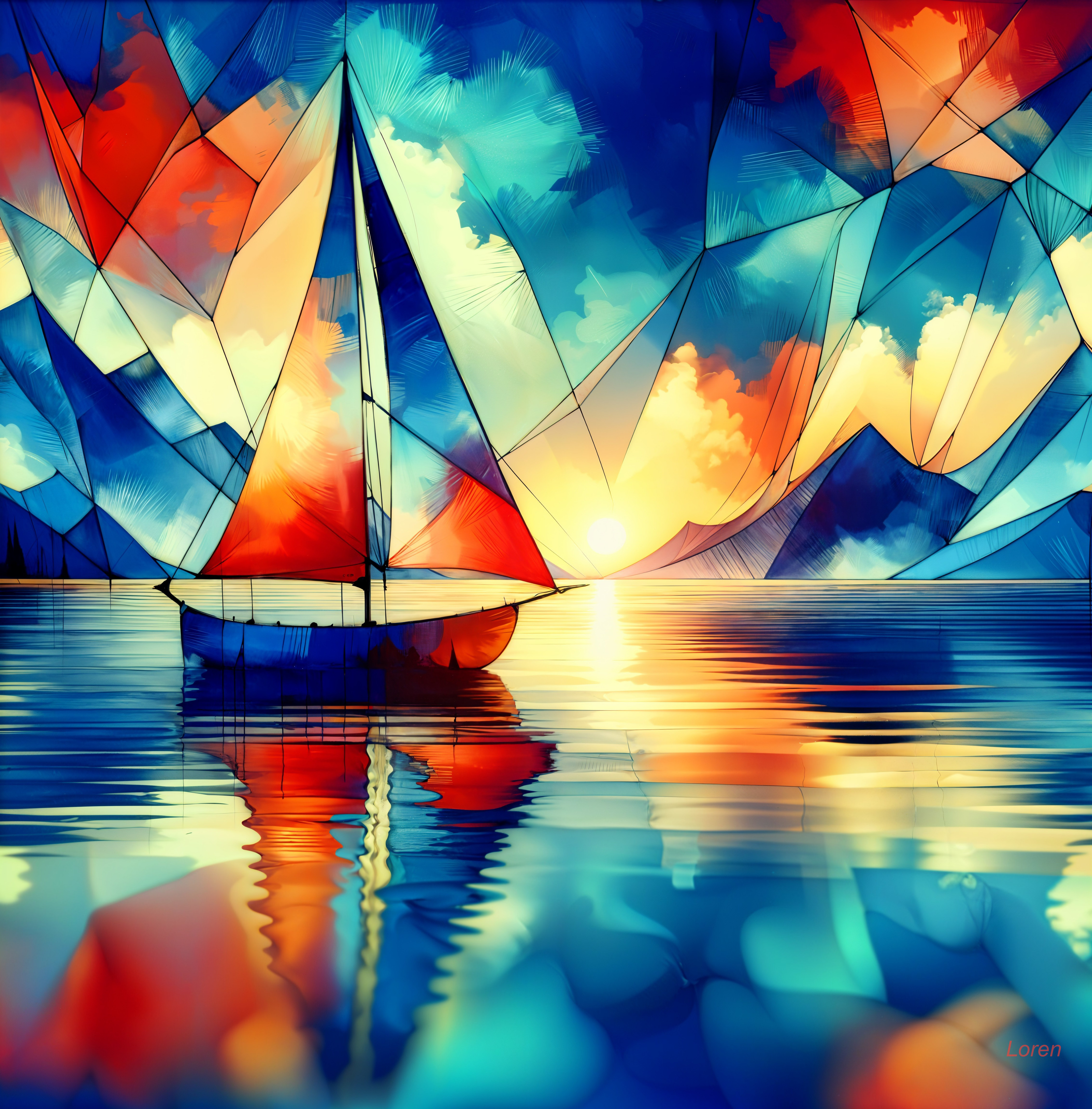 Vibrant Sunset Over Water with Sailboat and Ripples