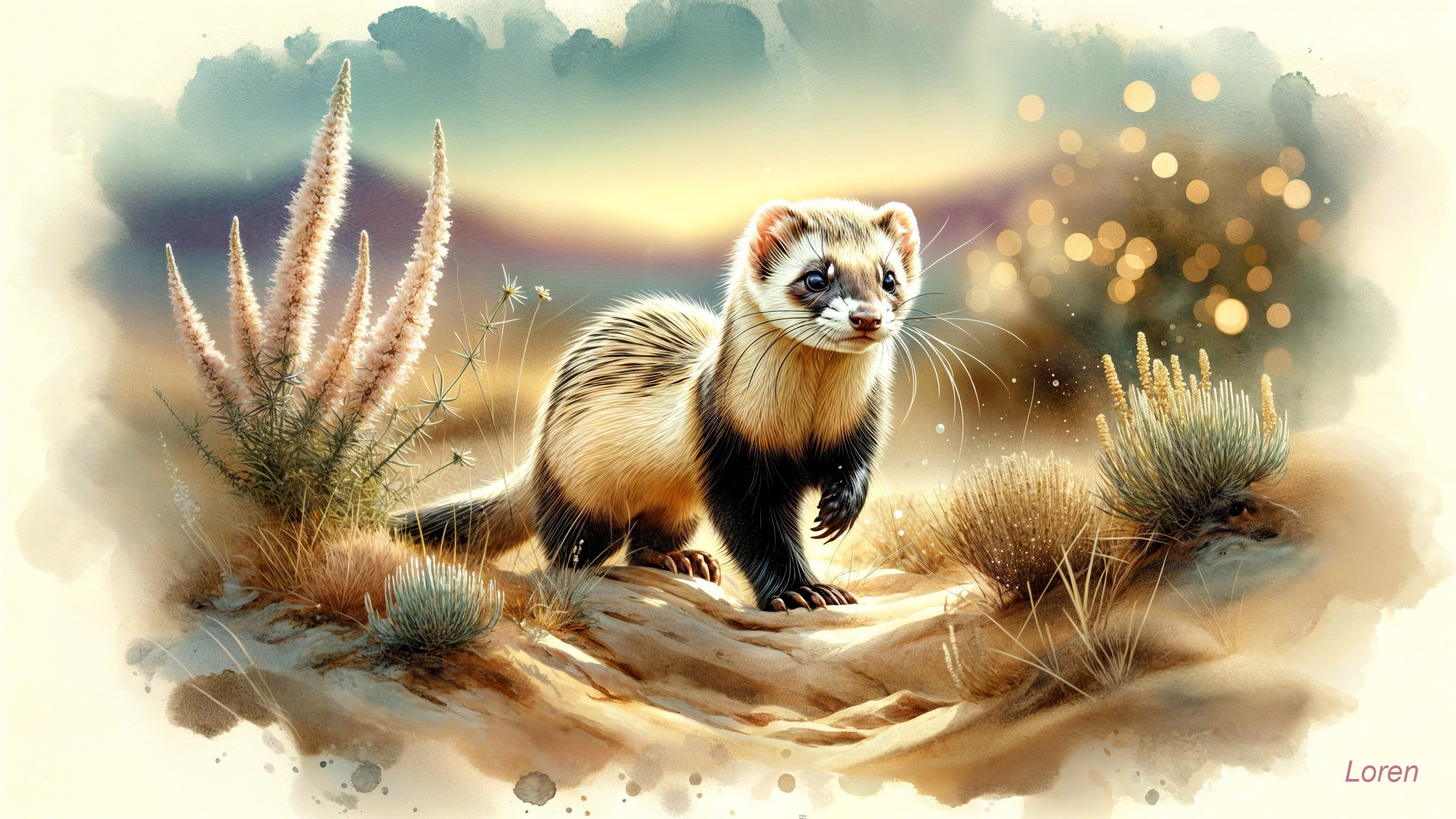 Ferret in Sunlit Landscape with Wildflowers and Grasses