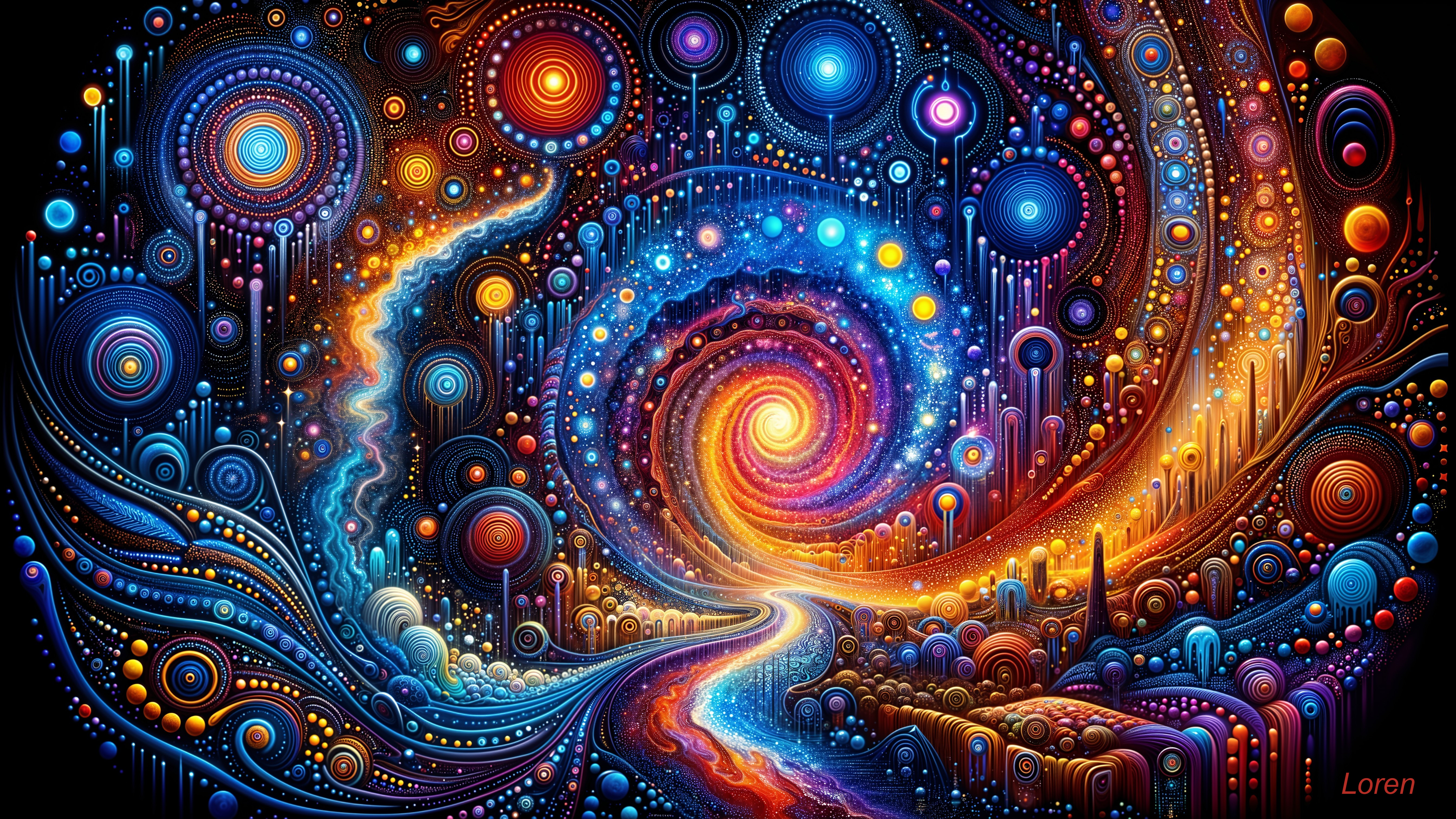 Vibrant Cosmic Scene with Swirling Patterns and Orbs